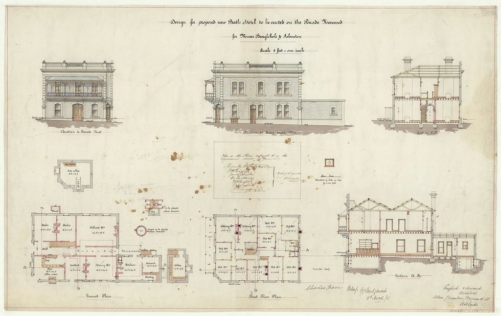Not many know that there have been two iterations of The Bath. This design for licensee Thomas English for the Bath Hotel was built in 1881 on the corner of the Parade and Queen Street, Norwood. The original Bath Hotel had been built in 1856, slightl