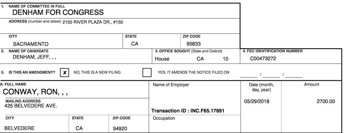 Campaign finance filings detailing Rob Conway’s $2,700 contribution to Rep. Jeff Denham.