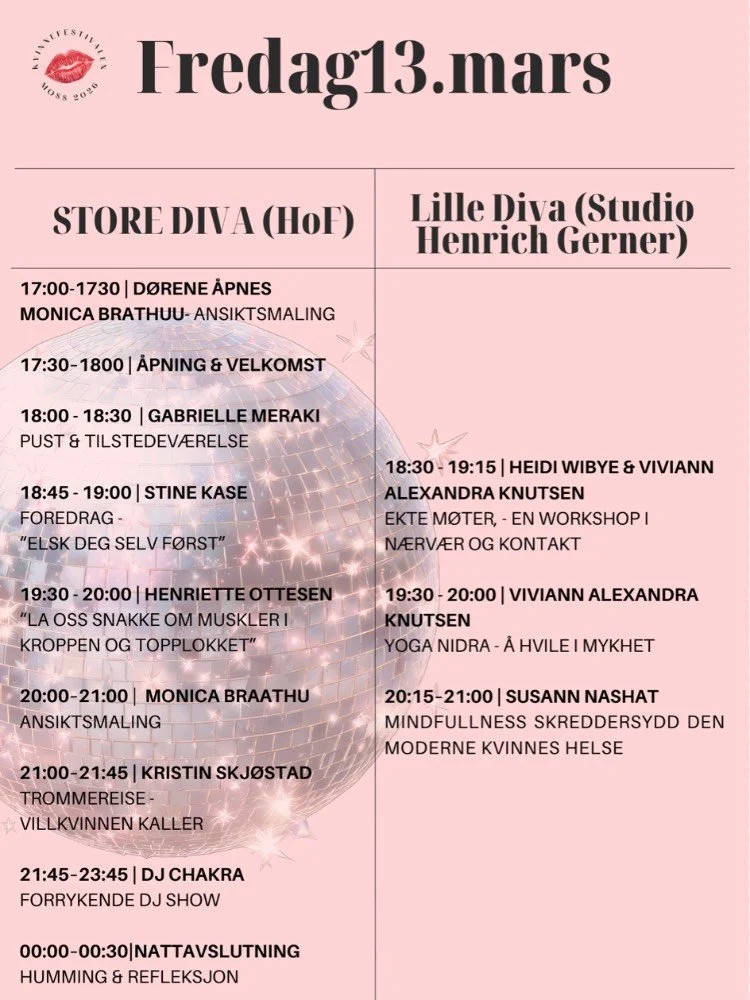 Siste, rykende ferske programoppdatering for helgens r&aring;este, frekkeste, dypeste, morsommeste, og inkluderende Kvinnefestival 🫶🏽🪷🫶🏽
En portal av energi, fellesskap og levende feminine uttrykk: Mer magi, mer dybde, mer dans, mer stemme, mer 