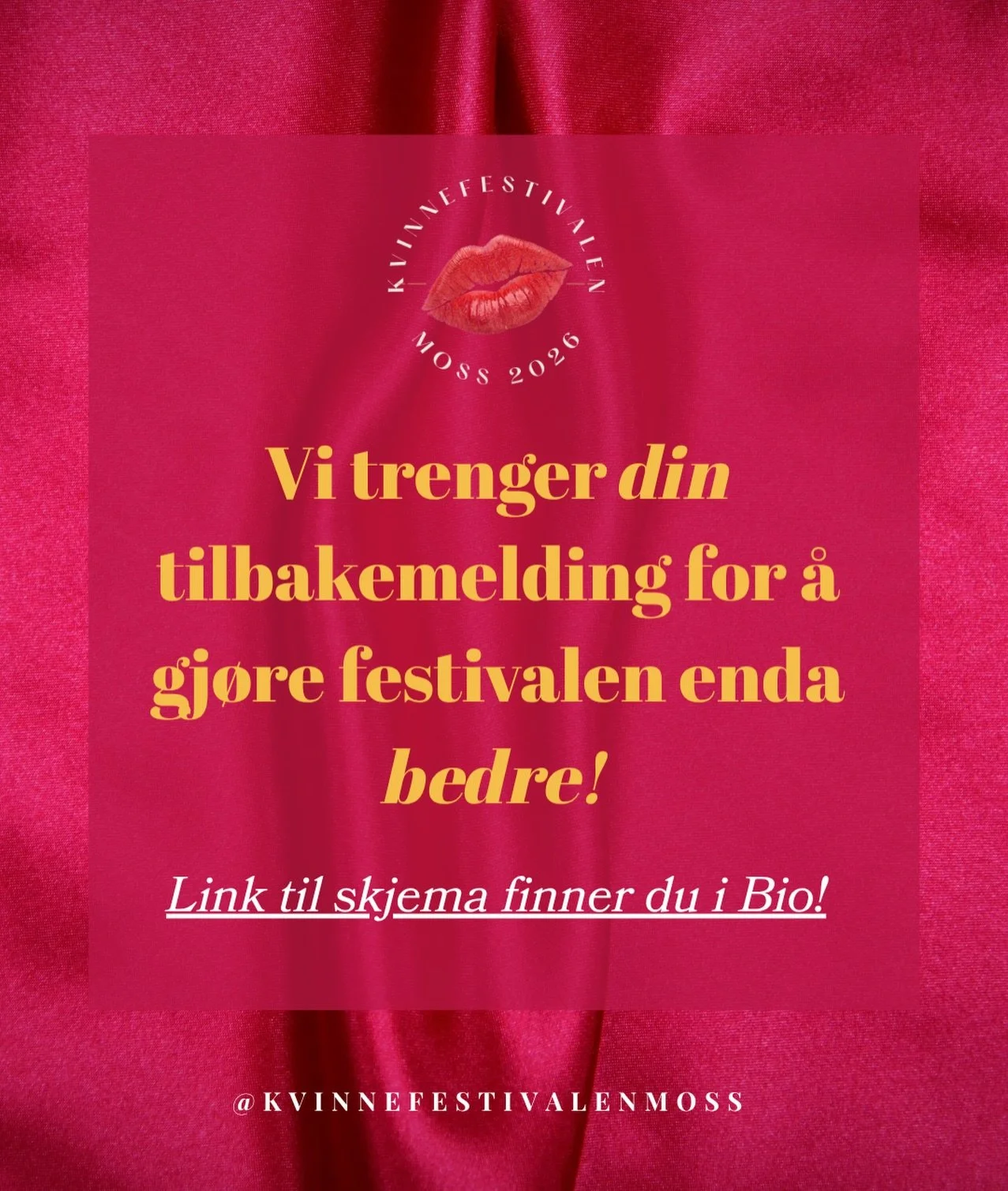 Etter f&oslash;rste festivalen vi i @kvinnefestivalenmoss har gjennomf&oslash;rt, med det beste publikumet, s&oslash;ker vi n&aring; DIN tilbakemelding for &aring; kunne gj&oslash;re fremtidige festivaler ENDA BEDRE💫🌹 

Link til skjema finner du i 