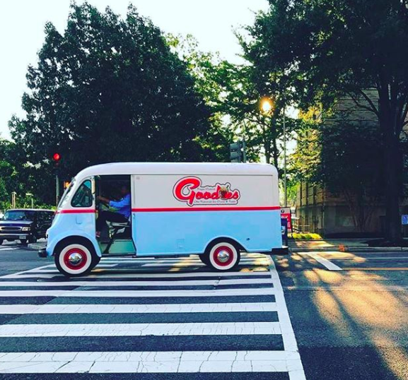 Goodies food truck driving through Washington DC.