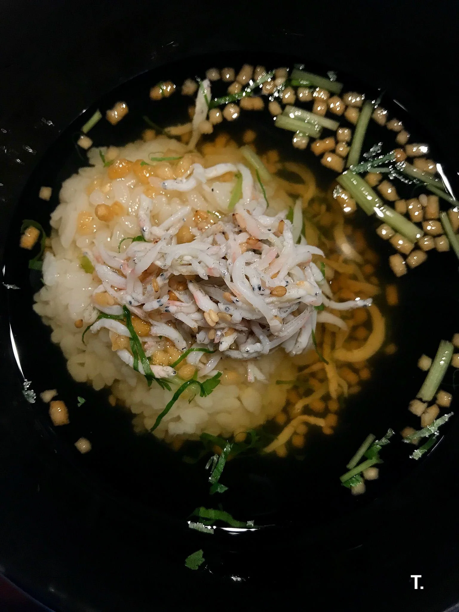 Tousuiro. Rice with whitebait, plum, sesame served in soup. 