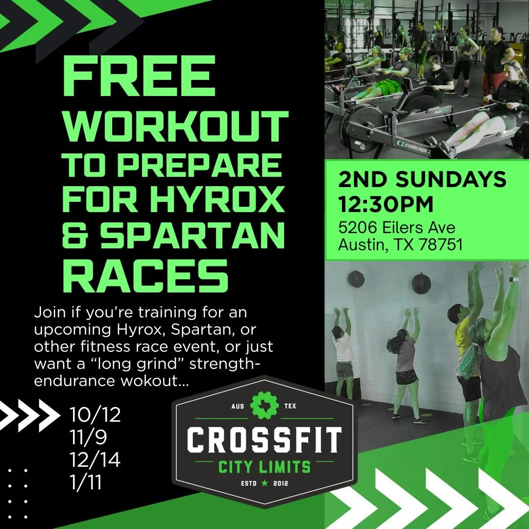 Training for a fitness race, like HYROX? Come get a FREE workout this Sunday 11/9 at 12:30pm to help get you ready... or if you're not training for an upcoming race, you can still join to get a FREE great workout!!