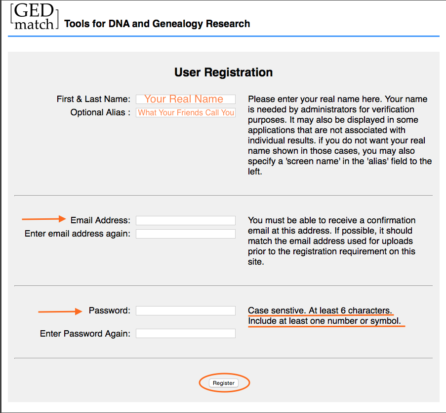 GEDmatch registration page
