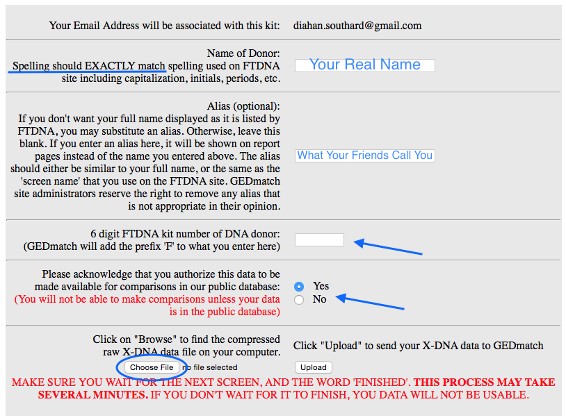 GEDmatch FTDNA upload page