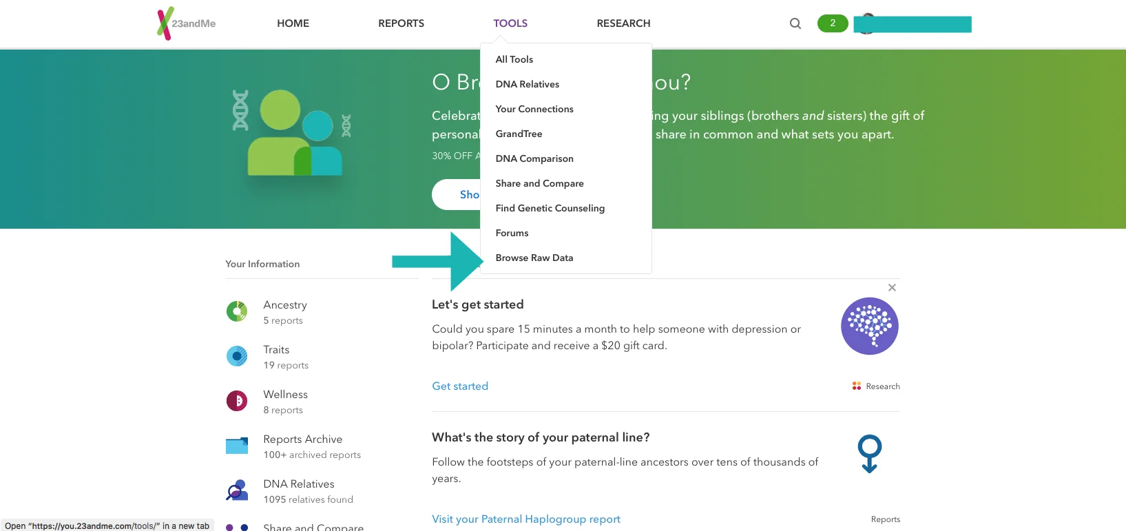 23andMe raw data download browse arrow