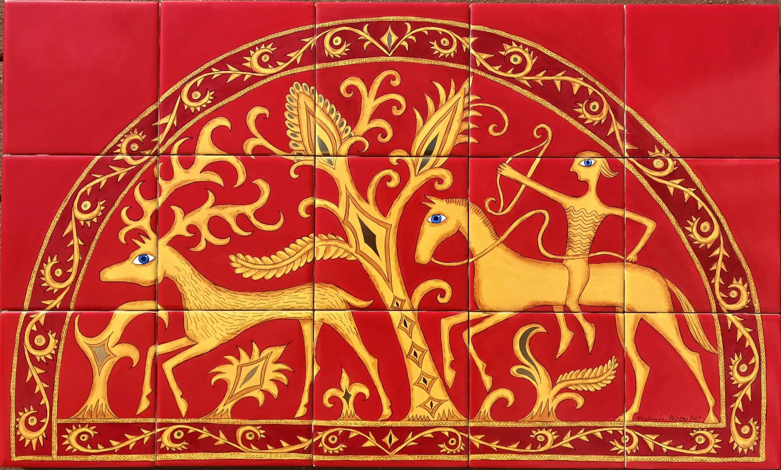   Golden Stag &amp; Hunter -  18 x 30 in, 46 x 76 cm 