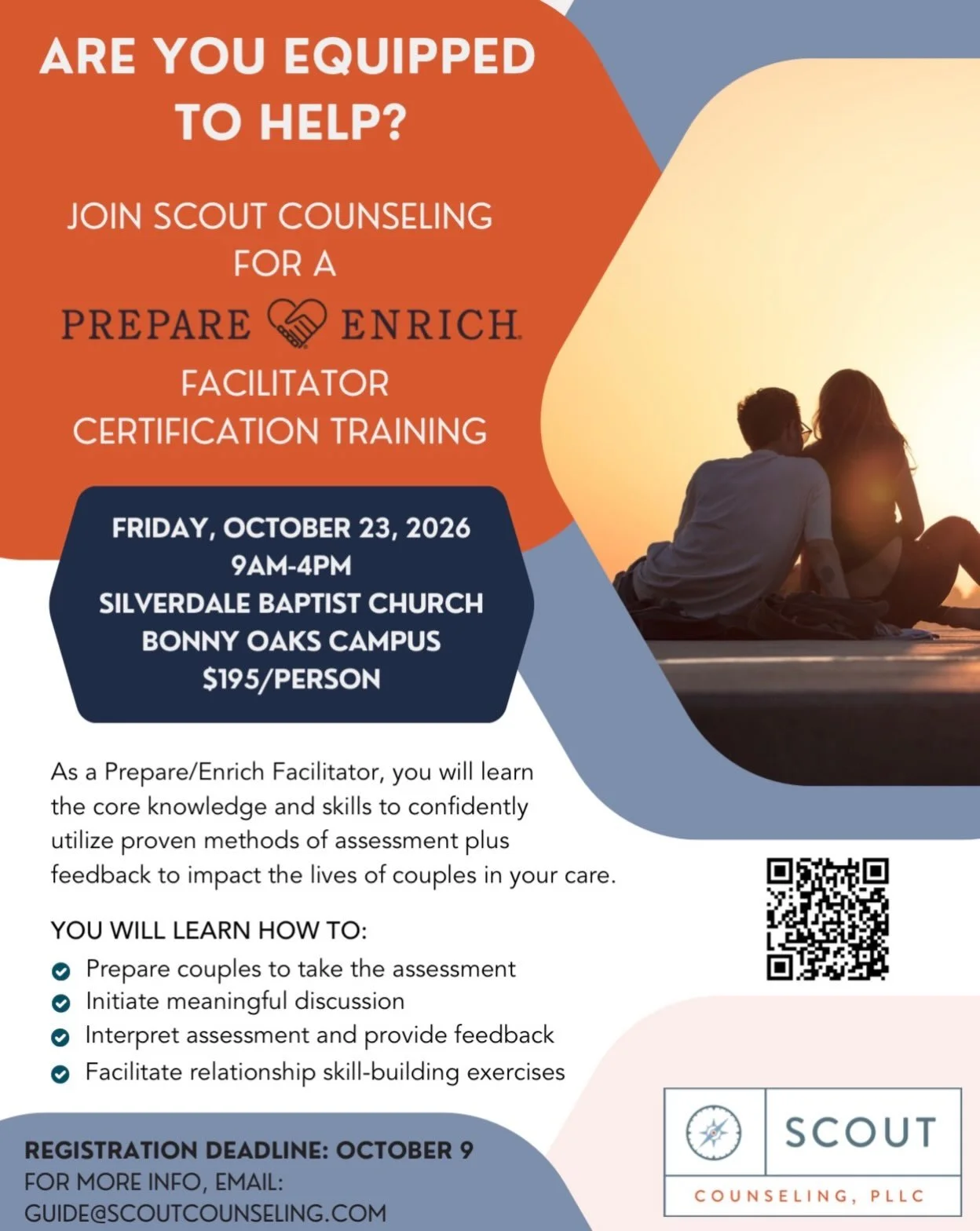 Scout Counseling is putting on a training! 🎉
If you or anyone you know works with couples, Prepare and Enrich may be the right tool to feel competent in helping. 

We&rsquo;re so excited to offer this resource to our community and provide practical 