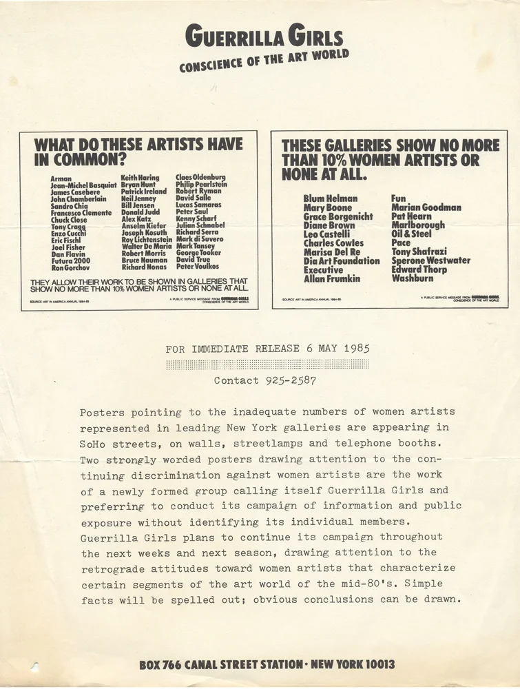 GUERRILLA GIRLS' FIRST PRESS RELEASE, MAY 6, 1985
