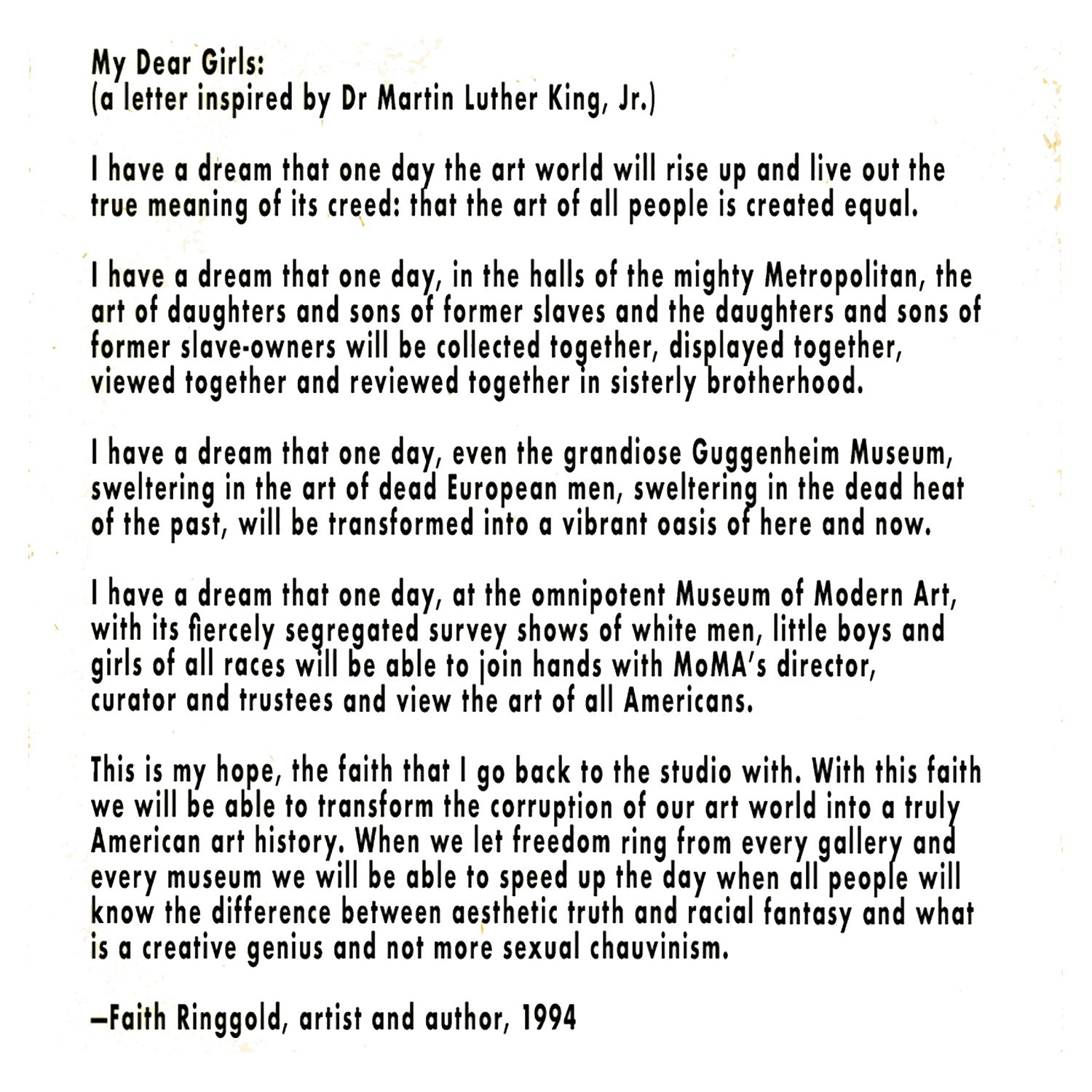 Gratitude to @hyperallergic for publishing Faith Ringgold&rsquo;s 1994 letter to the Guerrilla Girls:

We can&rsquo;t imagine the art world without Faith Ringgold. With her passing last week, we must all pledge to keep her dream alive. Below is a let