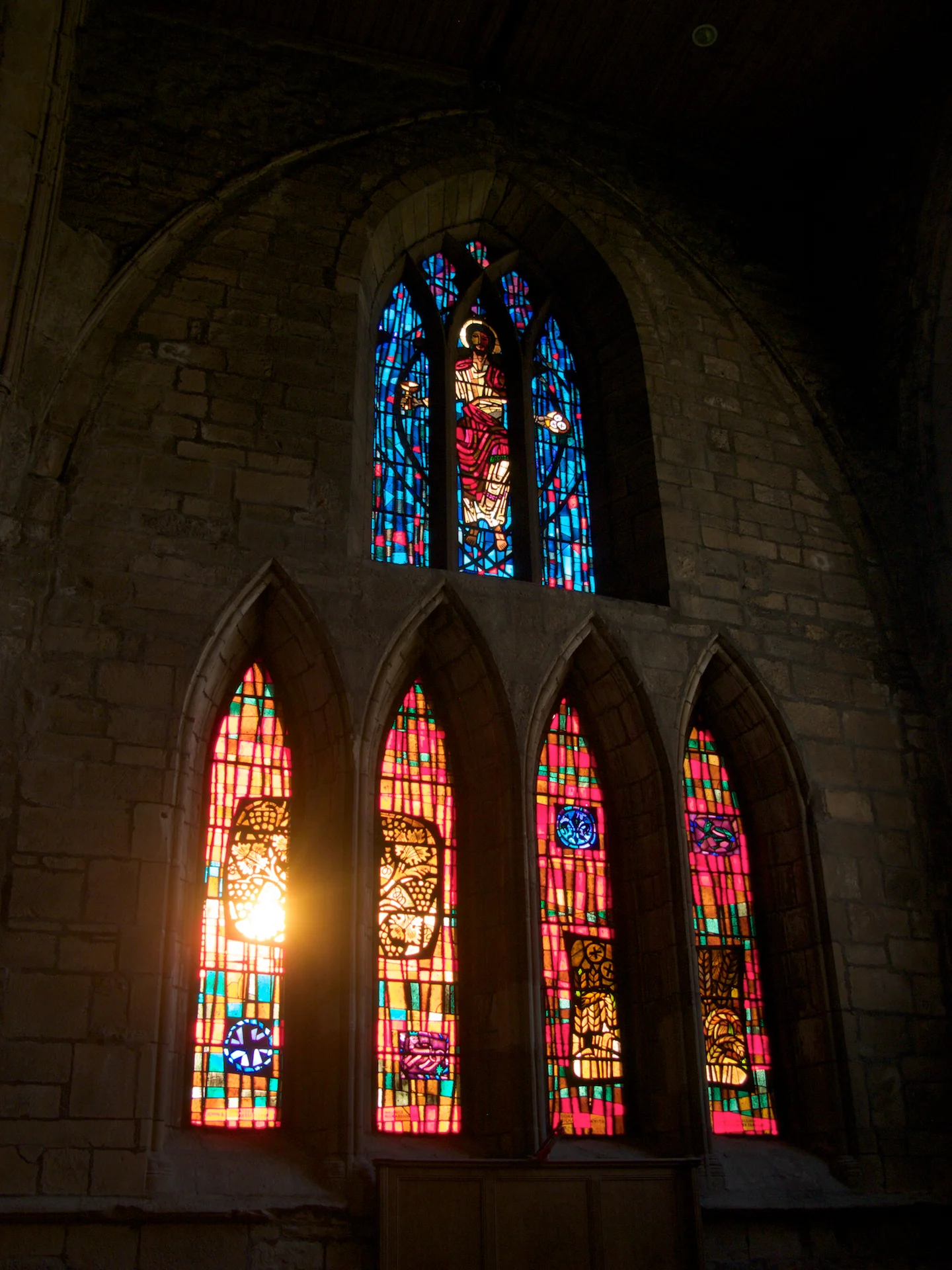 Stained glass windows at Pluscarden Abbey
