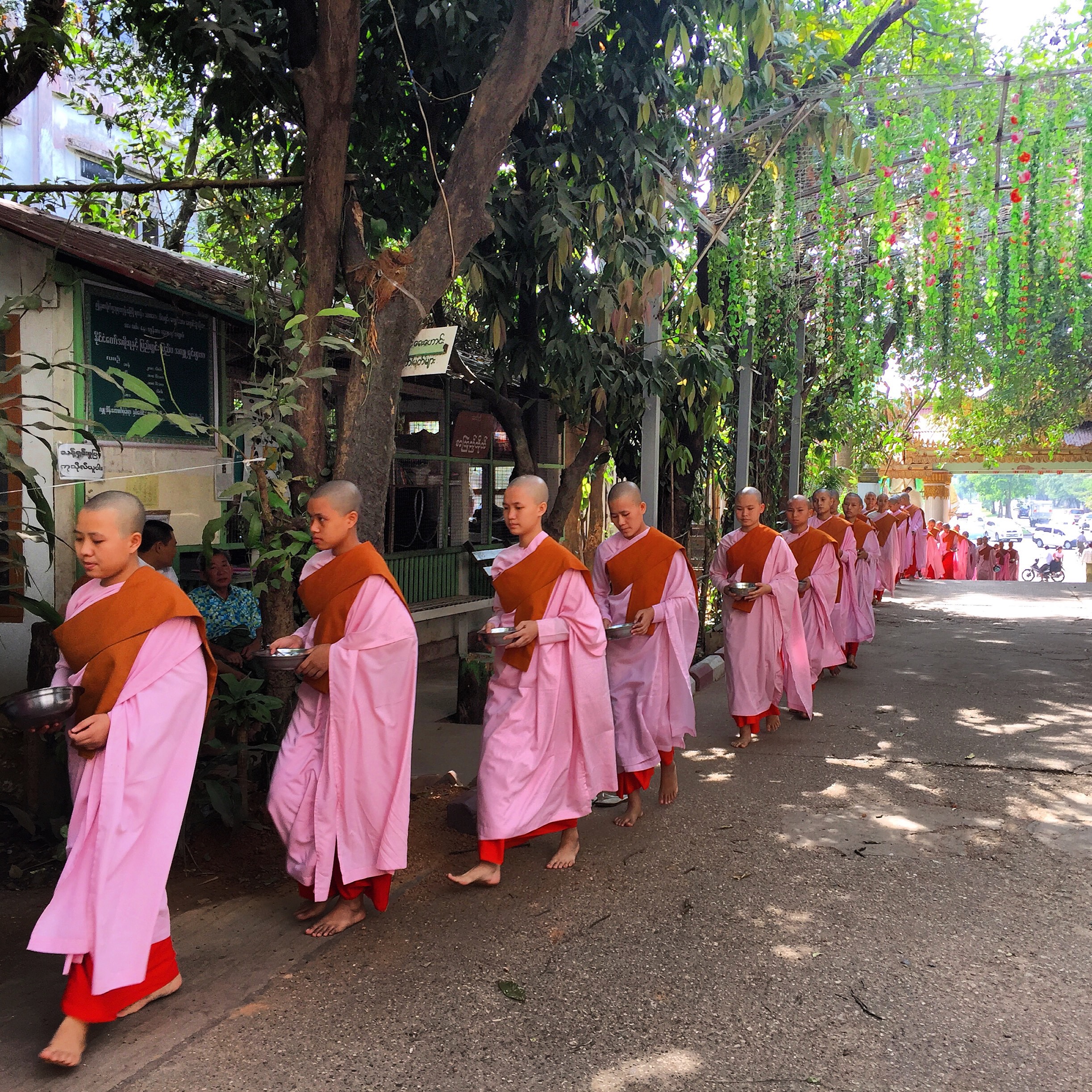 Every morning in most cities, towns, and villages a steady stream of nuns and monks can be seen collecting their daily alms (food) from the townspeople.&nbsp;