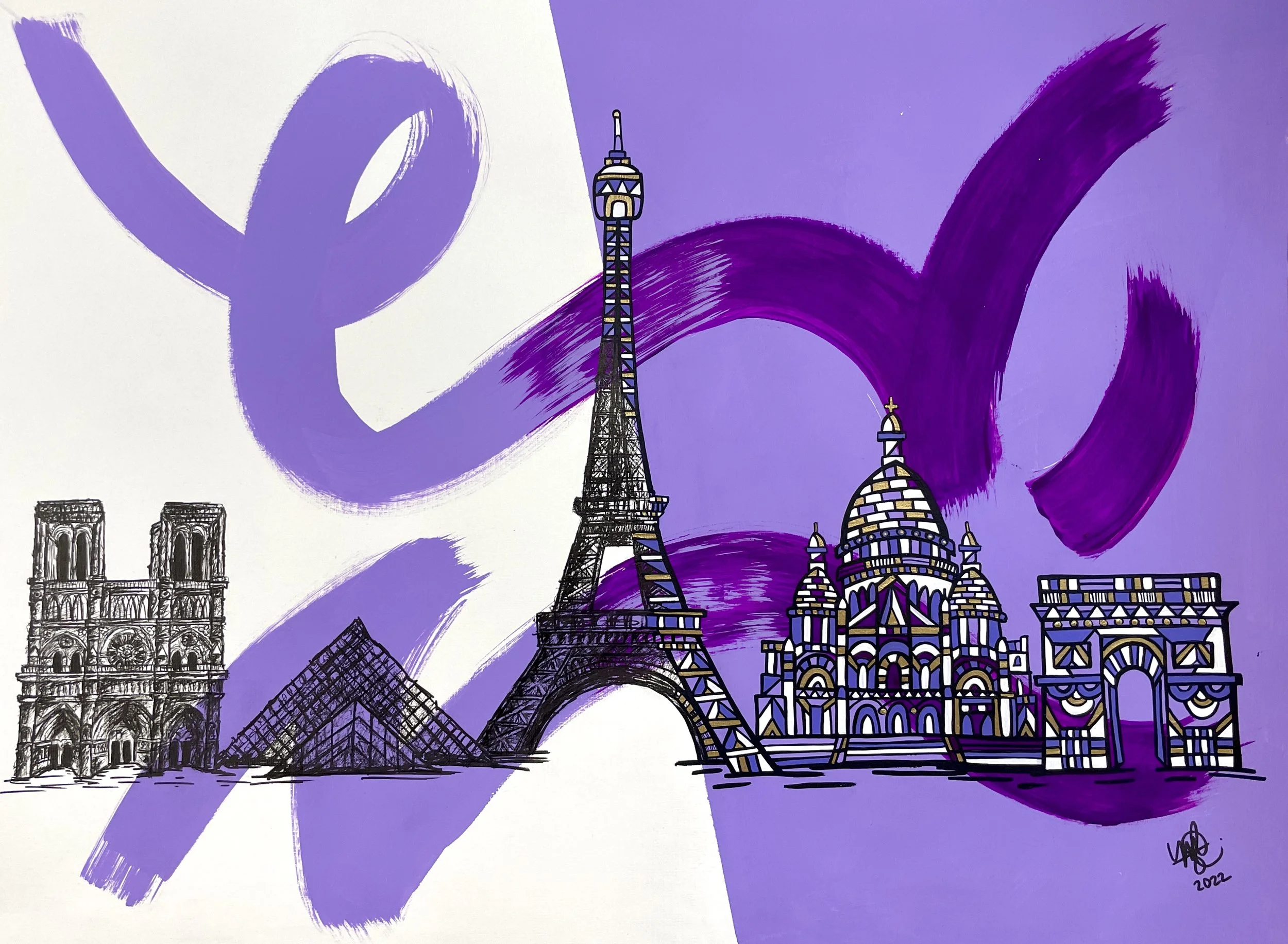 Artistic illustration of famous landmarks including the Eiffel Tower, the Louvre, the Pyramid of the Louvre, the Taj Mahal, and the Arc de Triomphe, with purple and black brushstrokes in the background.