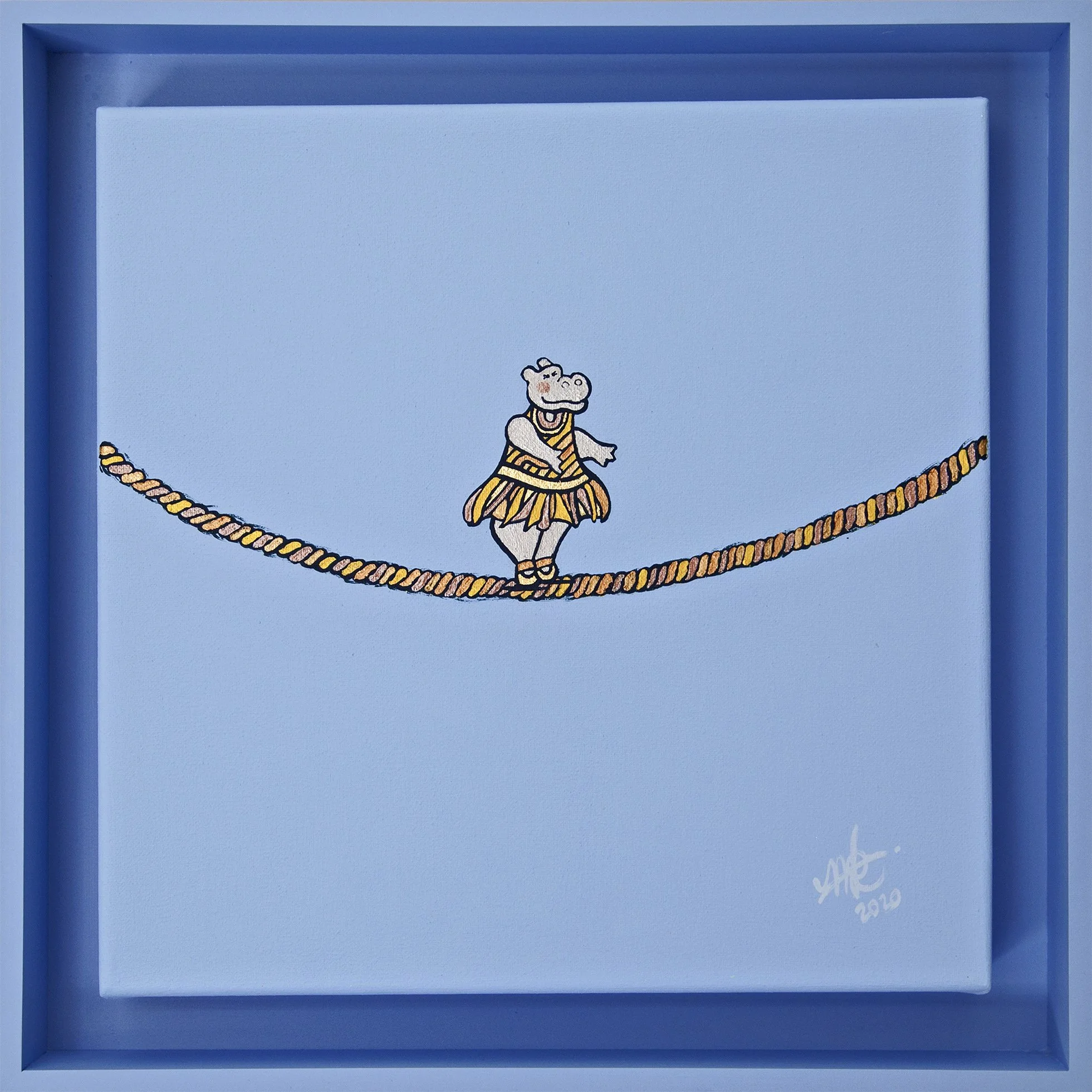 Cartoon of a hippopotamus dressed as a tightrope walker, balancing on a rope, with a blue background. Signature and date in bottom right corner.