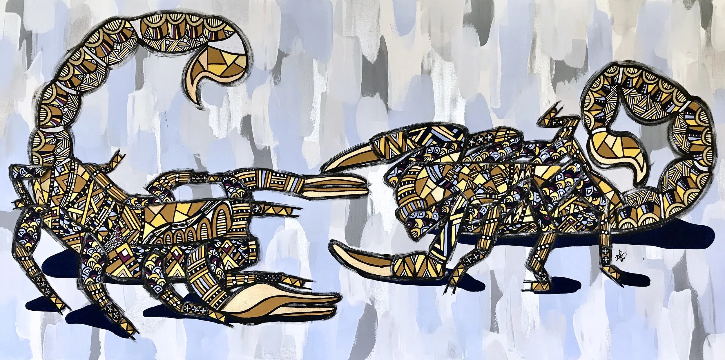 Street art mural of two stylized lobsters with intricate patterns, facing each other against a light gray and white painted background.