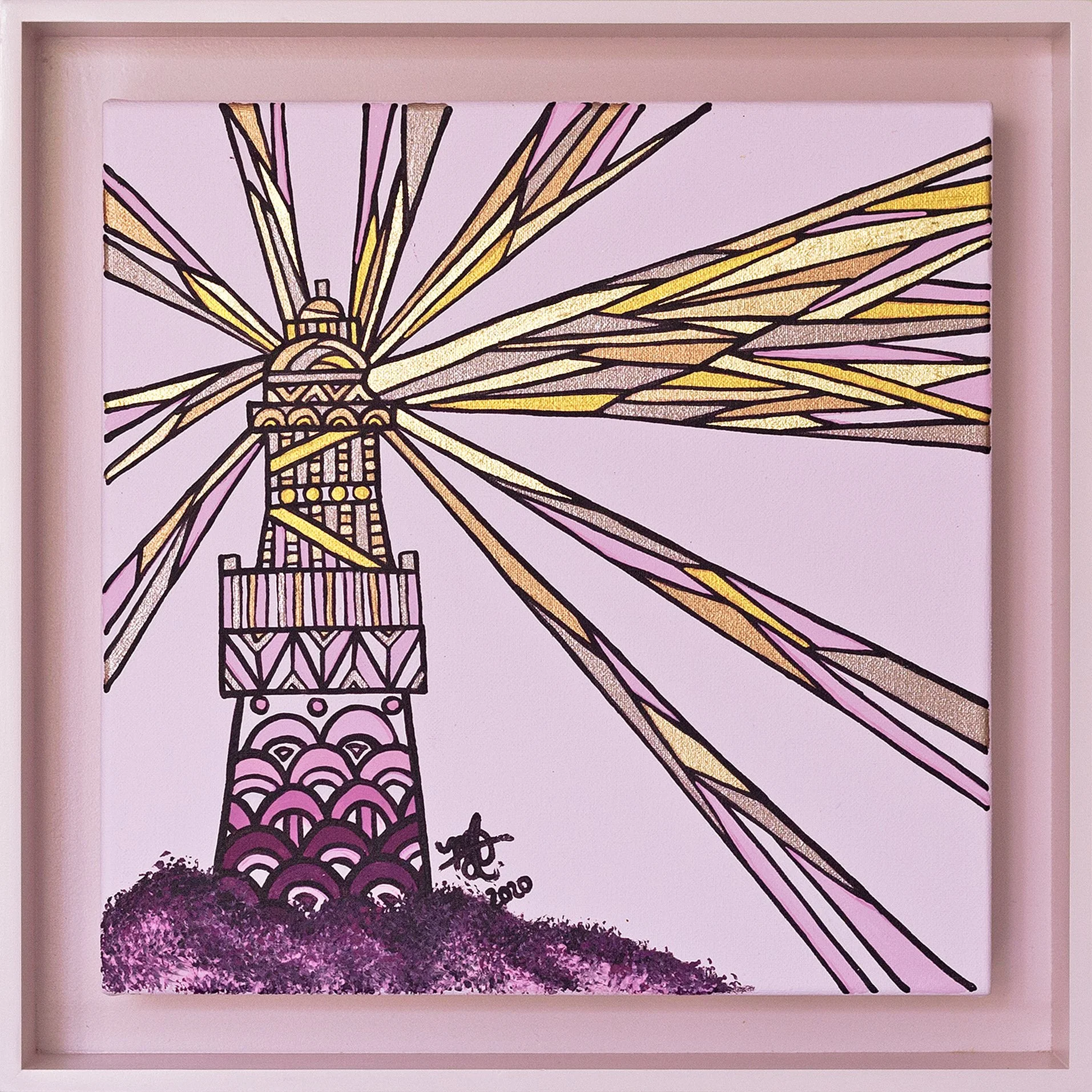 Artwork of a lighthouse with rays of light extending outward, decorated with gold, pink, and black outlines and details, set on a pink background.