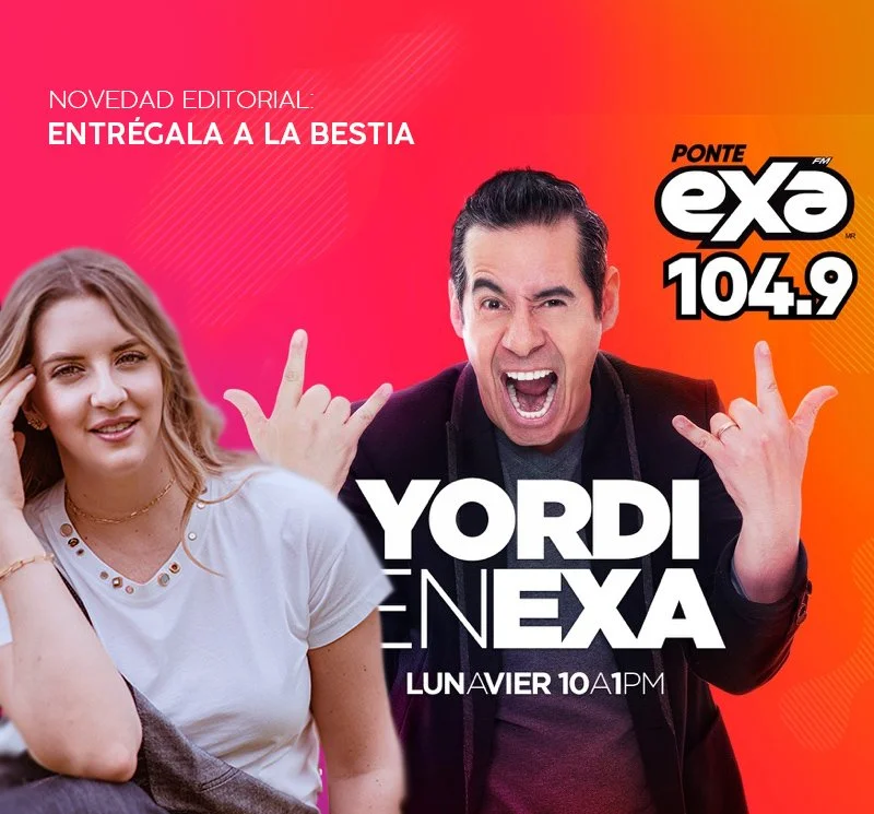 Promotional poster for a radio show with two hosts, a woman and a man, on a vibrant pink and orange background. The woman has blonde hair, is wearing a white shirt, and is smiling. The man has dark hair, is wearing a black jacket over a gray shirt, and is making a rock-and-roll hand sign with his mouth open. Text indicates the show is on 104.9 FM, hosted by Yordi and Enexa, airing Monday at 10 AM.