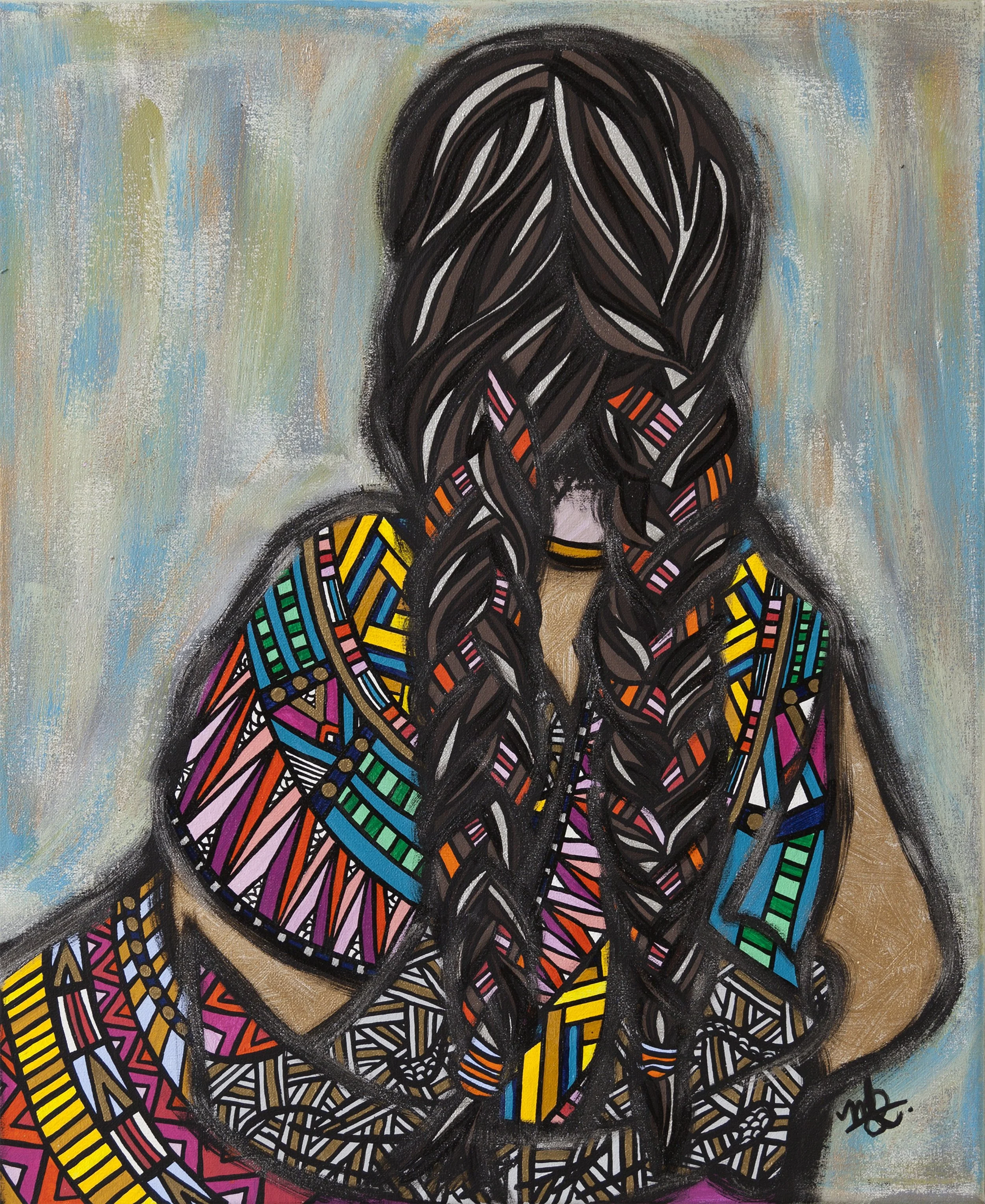An abstract painting of a woman with long braided hair, wearing a colorful, patterned top with intricate geometric designs on a textured background.
