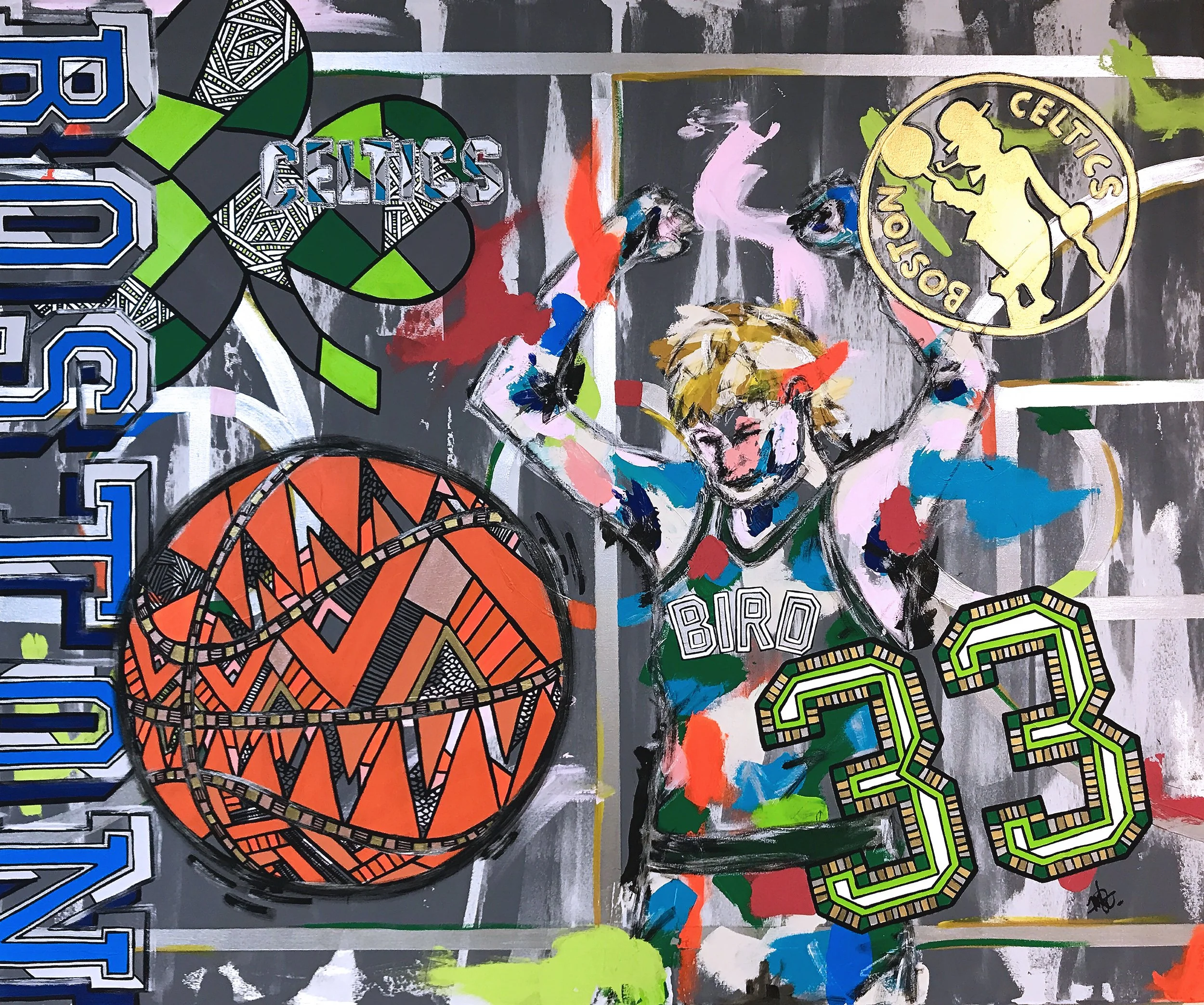 A colorful street art painting featuring a young boy with blonde hair smiling and holding a large championship trophy in front of a basketball hoop. The background contains various graphic elements and graffiti-style text, including the number 33 and