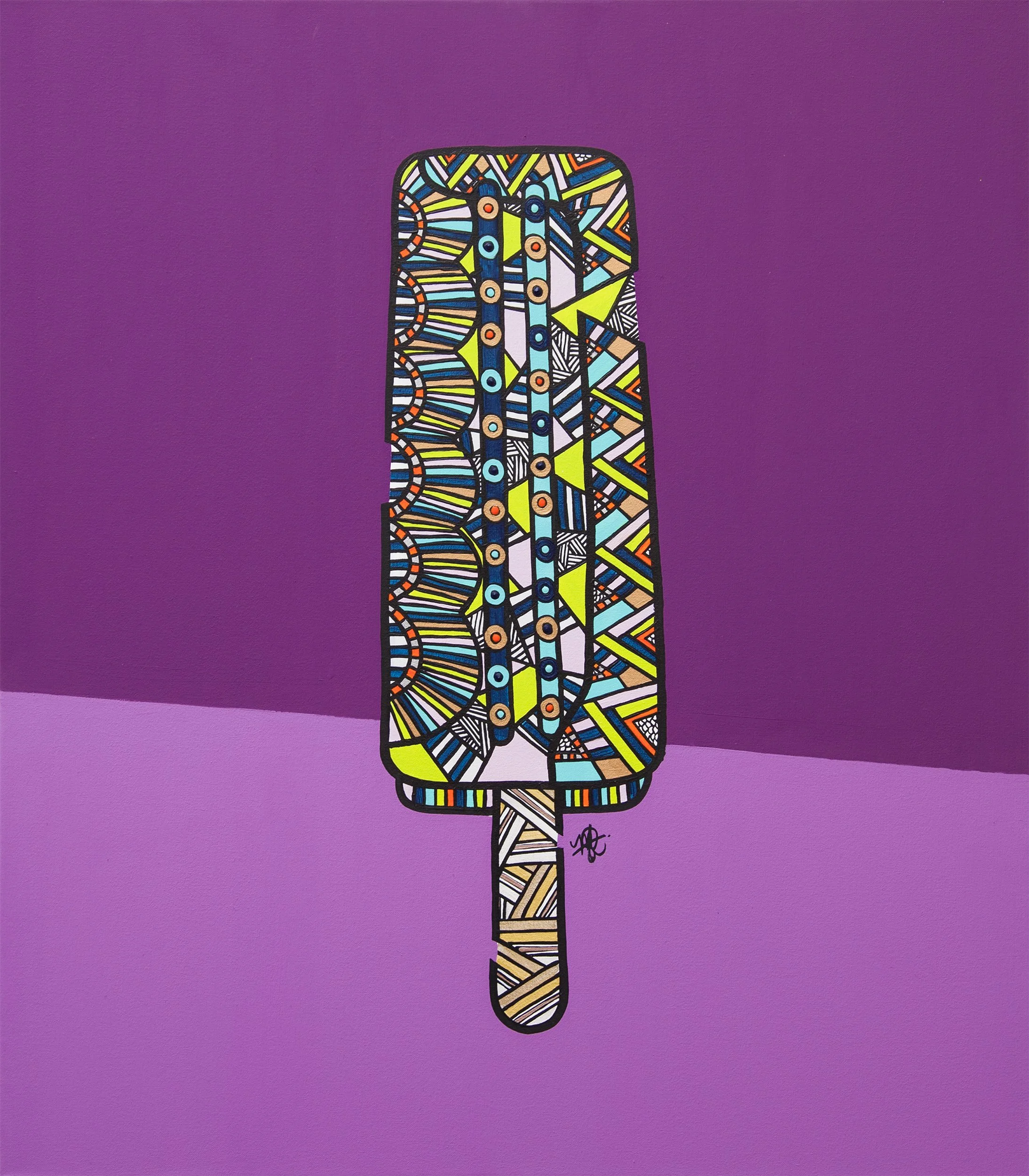 Colorful abstract painting of a popsicle with intricate geometric and patterned details, set against a purple background.