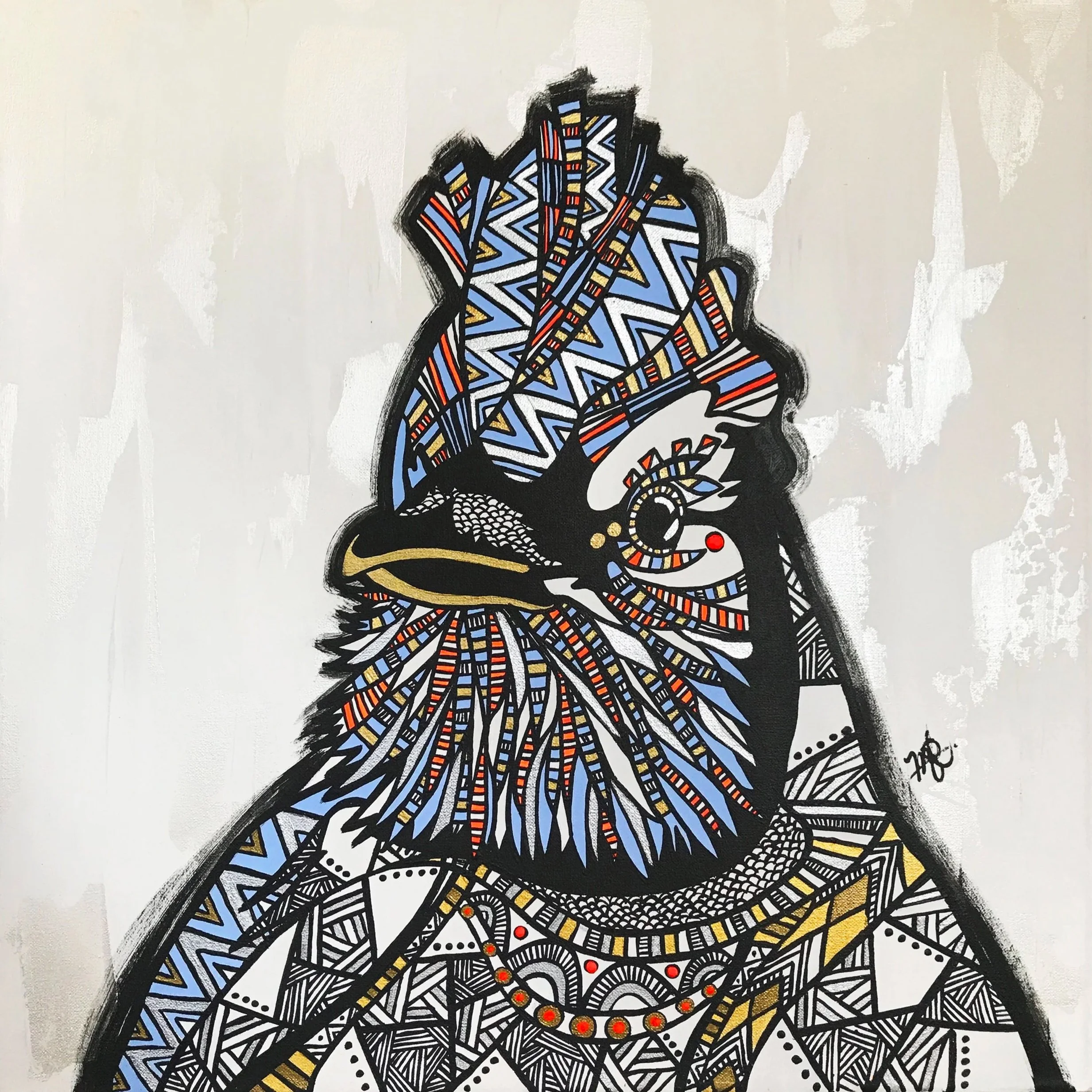 Colorful abstract portrait of a woman with tribal-inspired patterns and accessories, wearing a feathered headdress and jewelry.