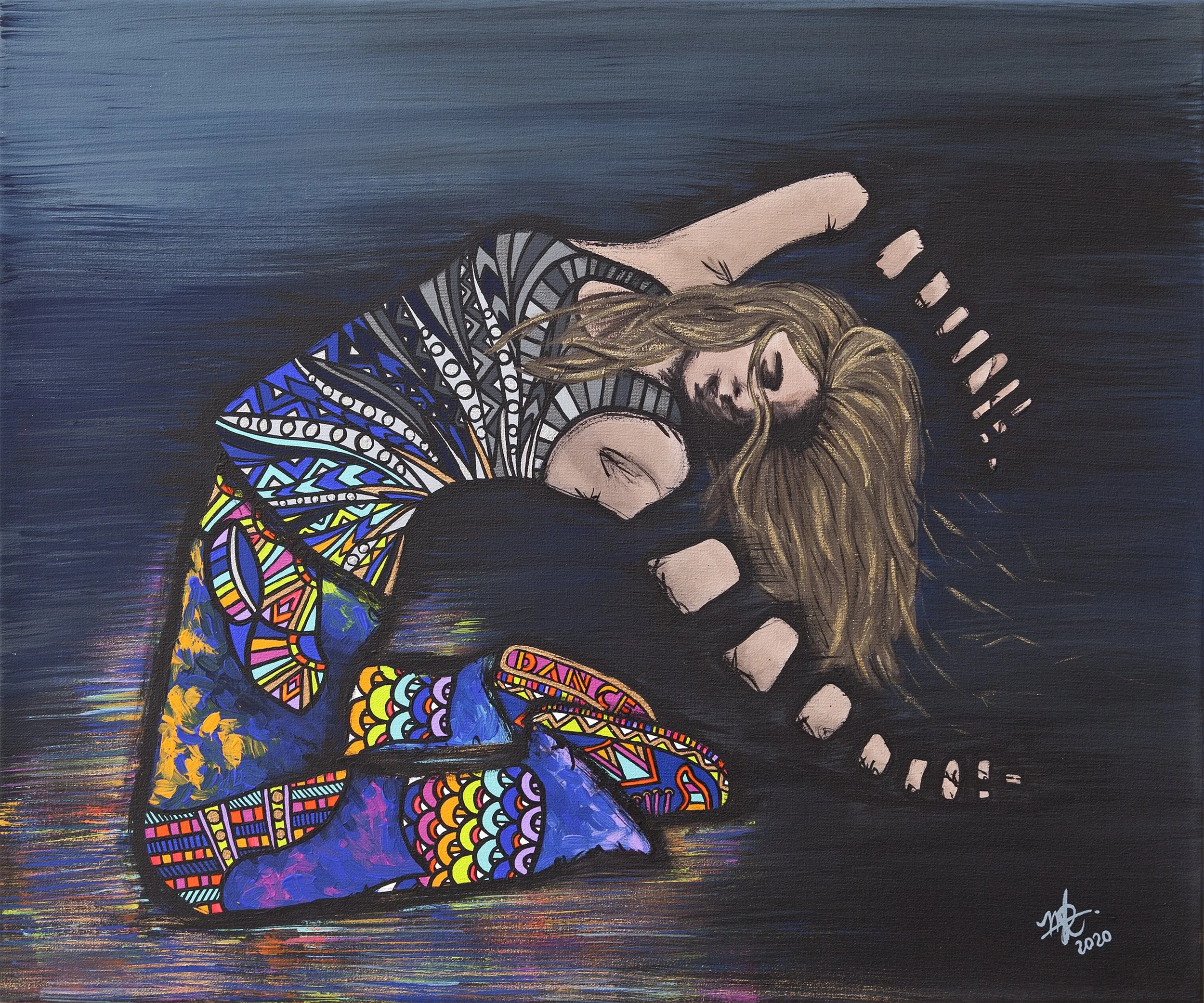 A girl with wavy blonde hair is shown sitting on the ground with her head resting on her knees, which are pulled close to her chest. She is dressed in a multicolored, patterned garment and is positioned against a dark, textured background.
