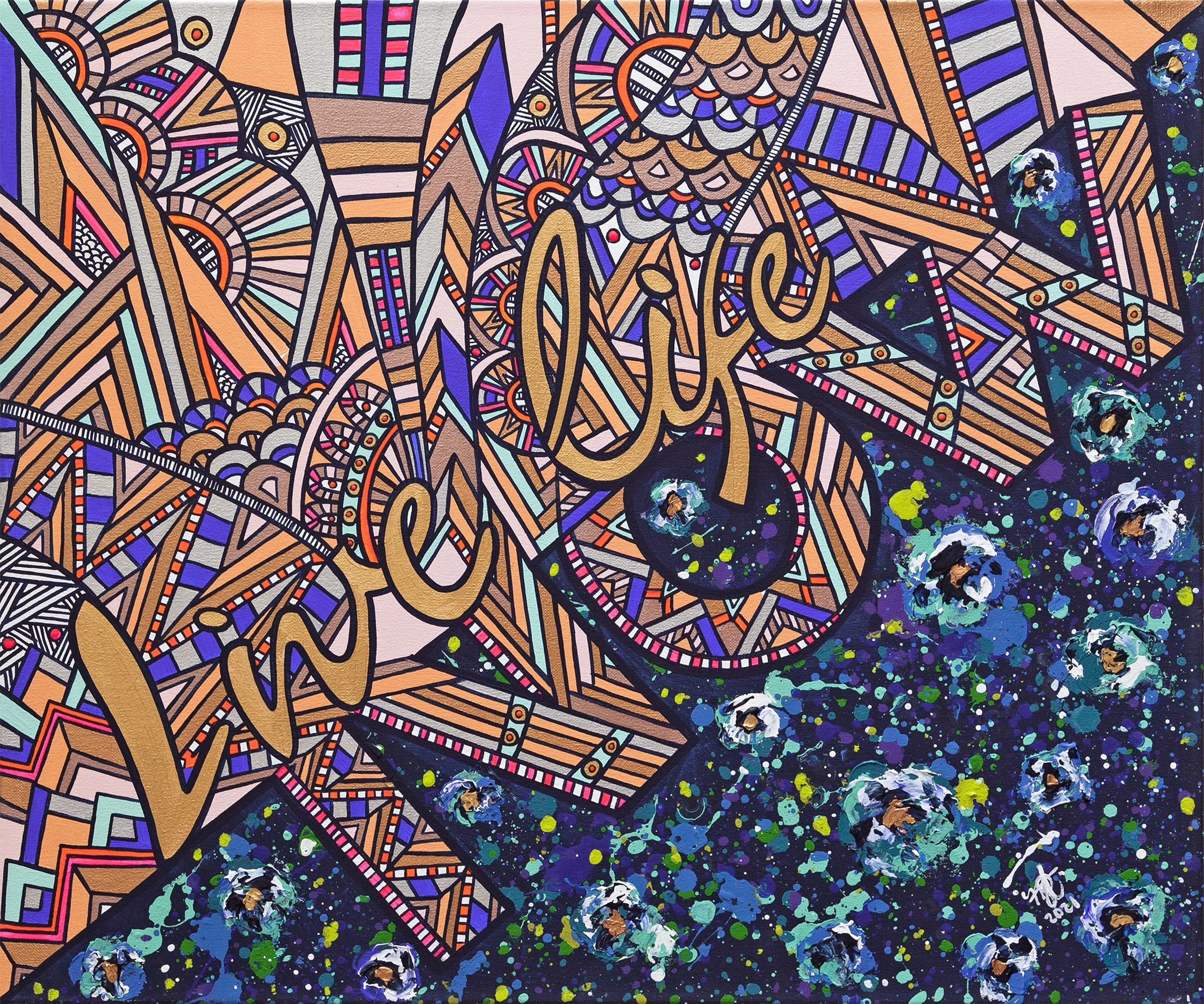 A colorful abstract mural with intricate geometric patterns, the words 'love you' written in gold cursive, and a dark background with splattered paint and floral designs.