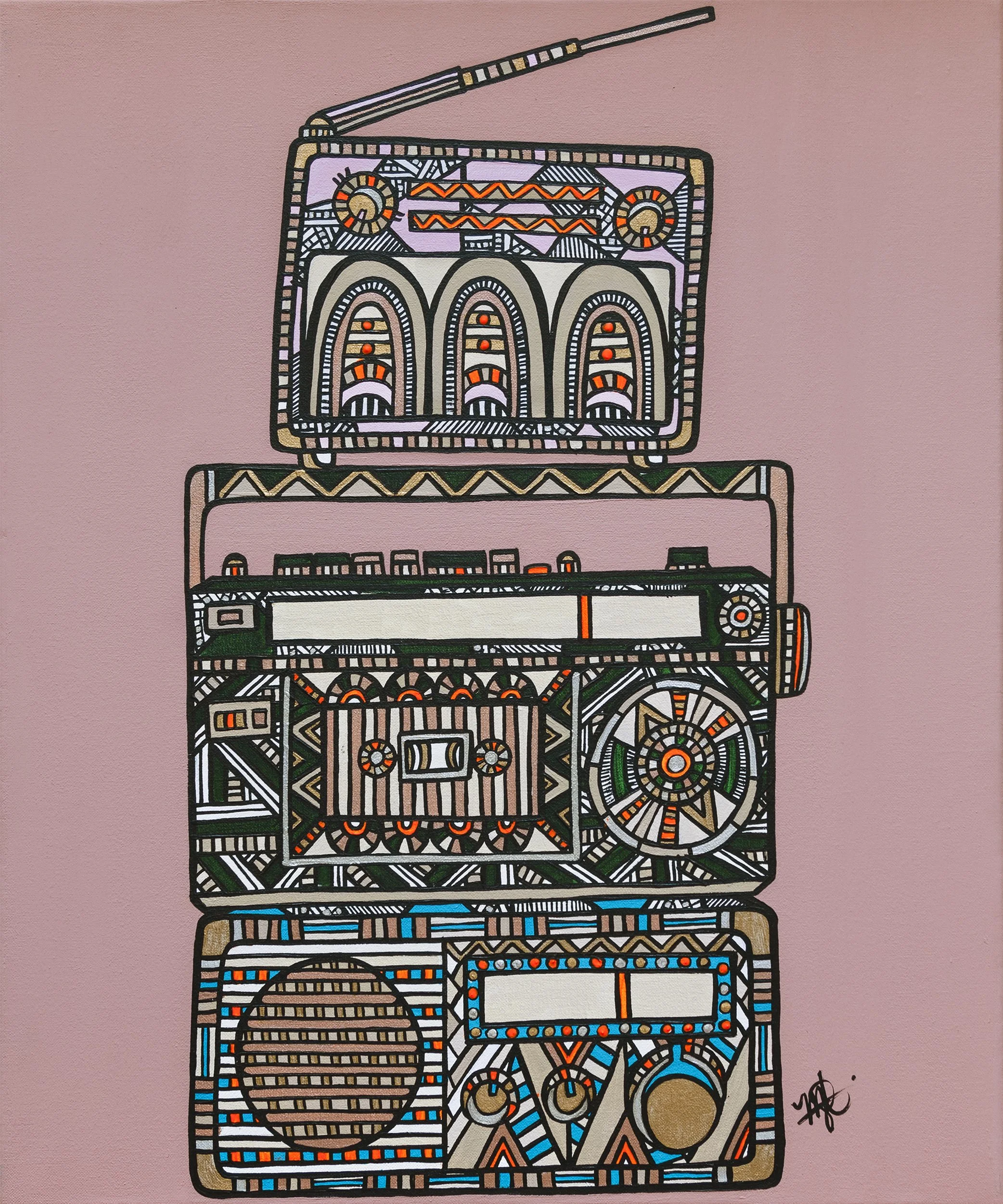Colorful abstract painting of stacked vintage radios with intricate patterns and bold lines against a pink background.