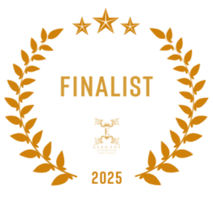 Black award badge with the word "Oficial Selection" by the Elegance Film Awards 2025 and decorative laurel branches on either side.