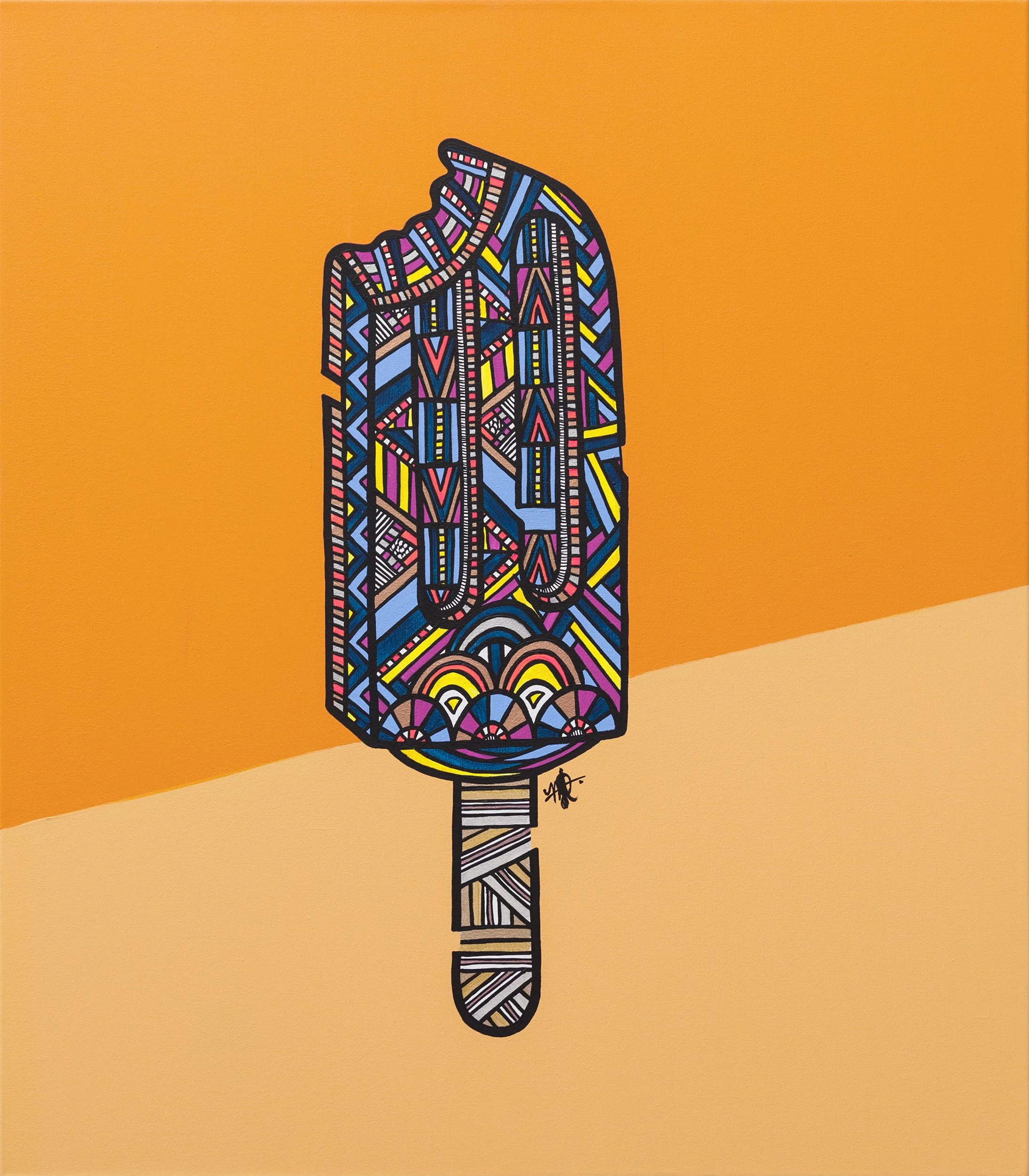 Colorful abstract painting of a popsicle on an orange background.