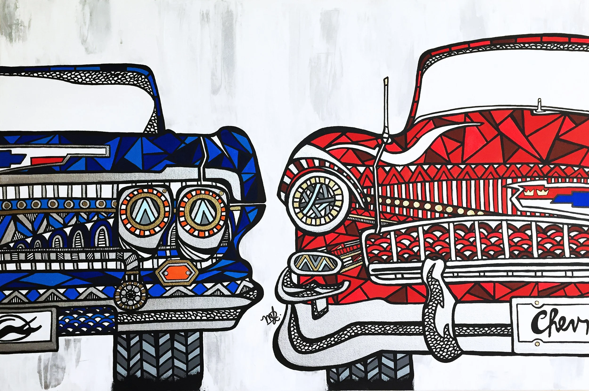 Colorful street art mural of two vintage cars facing each other, rendered in geometric patterns with bold black outlines; one car is blue with orange accents, the other red with white and blue details, on a plain gray background.
