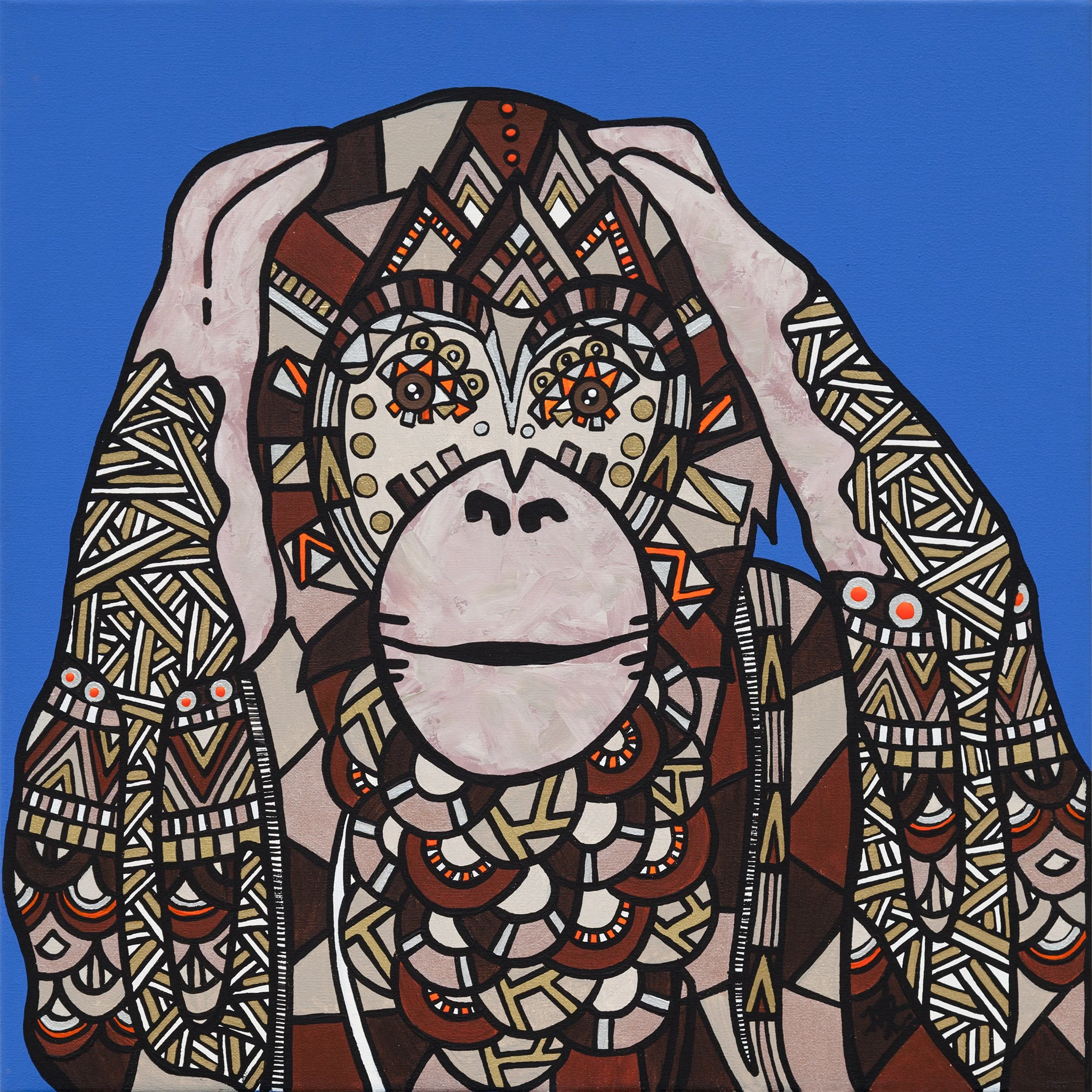 Colorful abstract painting of a gorilla wearing a patterned hoodie and necklace, holding its head with both hands, set against a blue background.