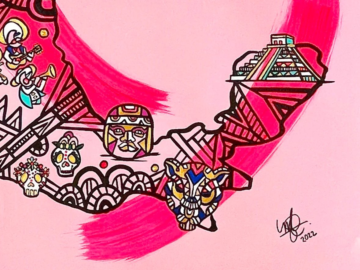 Colorful tattoo-style illustration of a map of Mexico with cultural icons including skulls, masks, a pyramid, a mariachi band, and a butterfly, on a pink background.