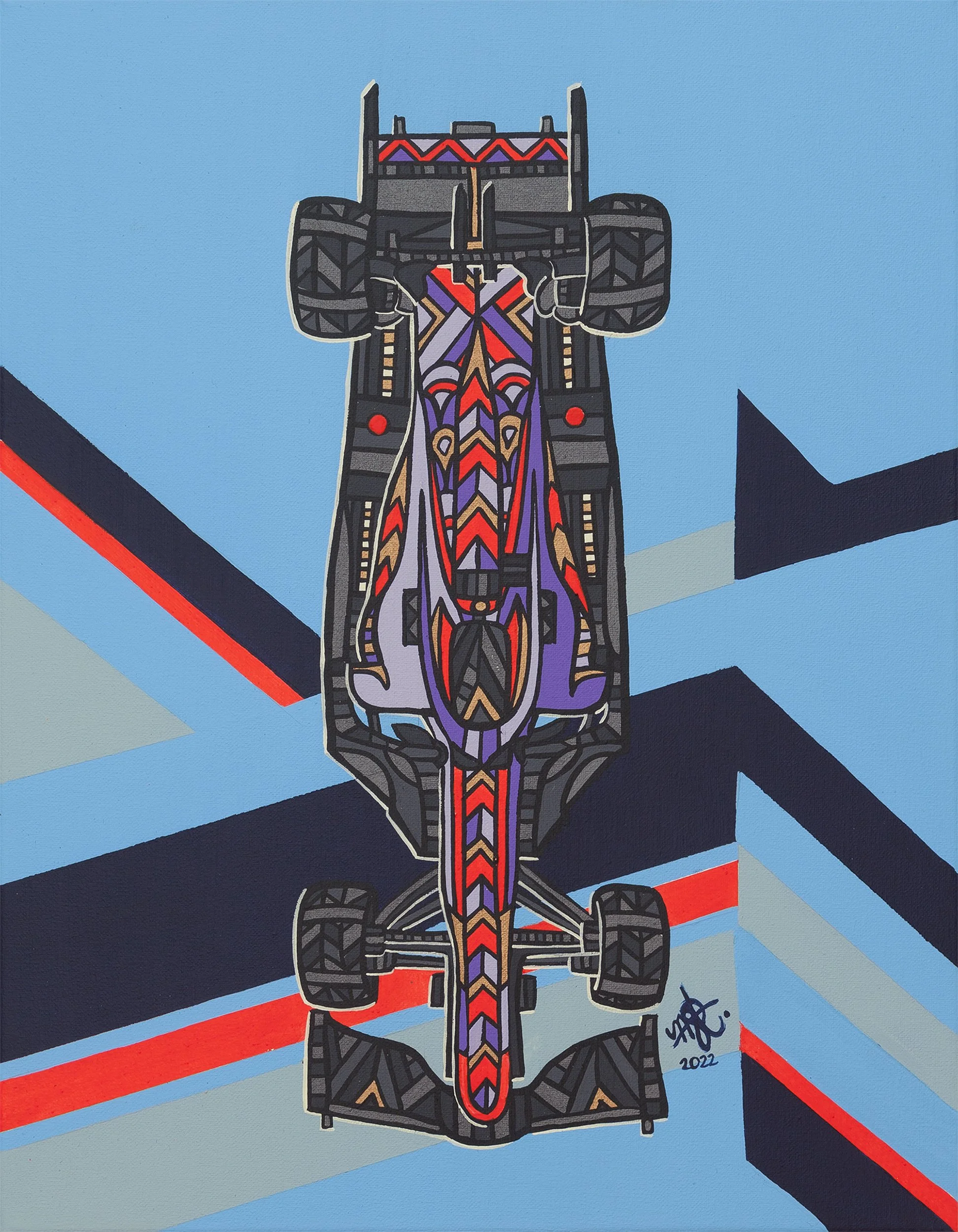 An abstract painting of a race car viewed from above, with vibrant geometric patterns and colors. The background features blue, gray, black, and red lines and shapes.