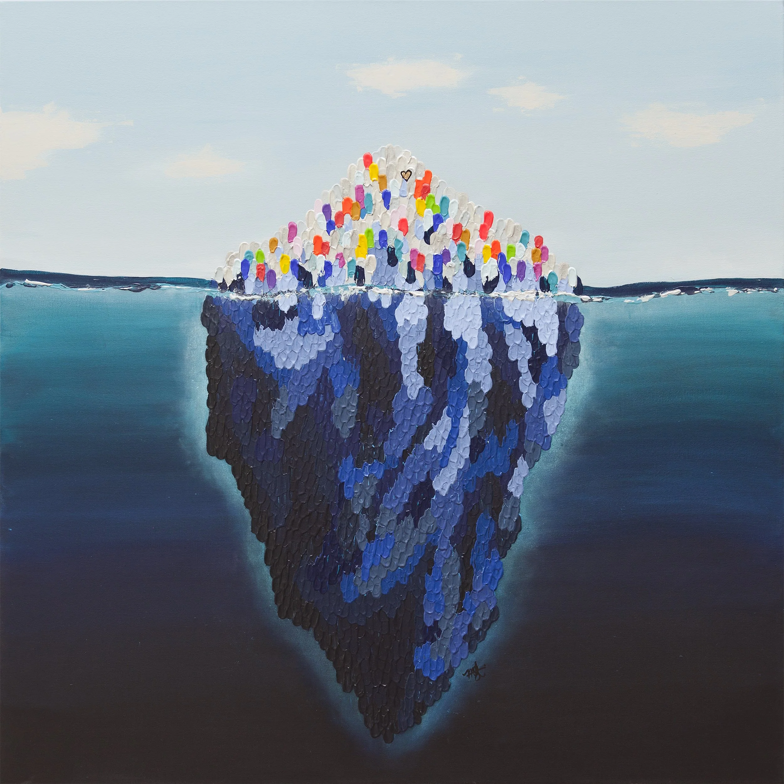 Painting of an iceberg floating in the ocean, with the top above water and the larger portion submerged below, revealing colorful dots on the iceberg's apex.