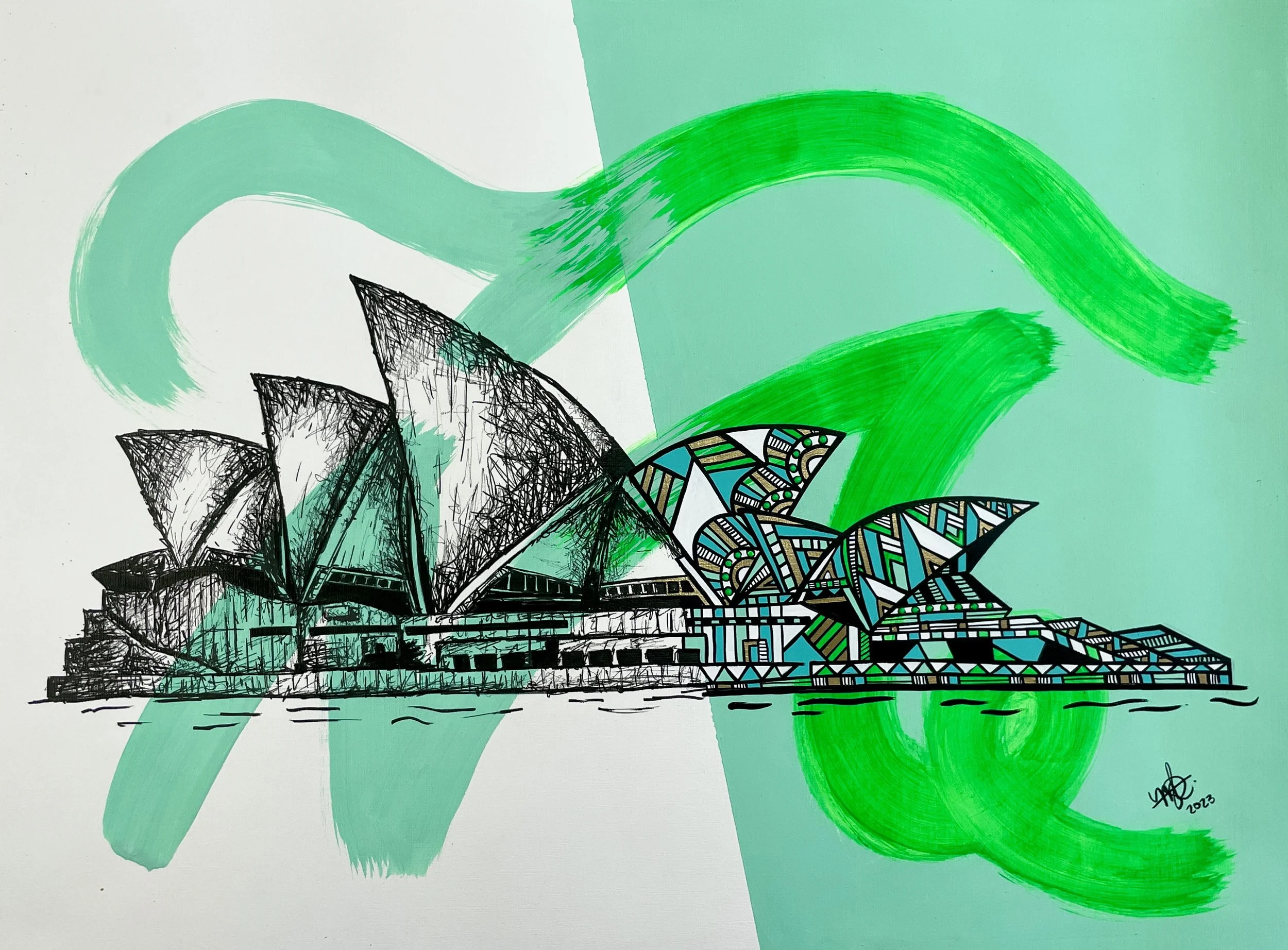 Illustration of the Sydney Opera House with green brushstrokes in the background.