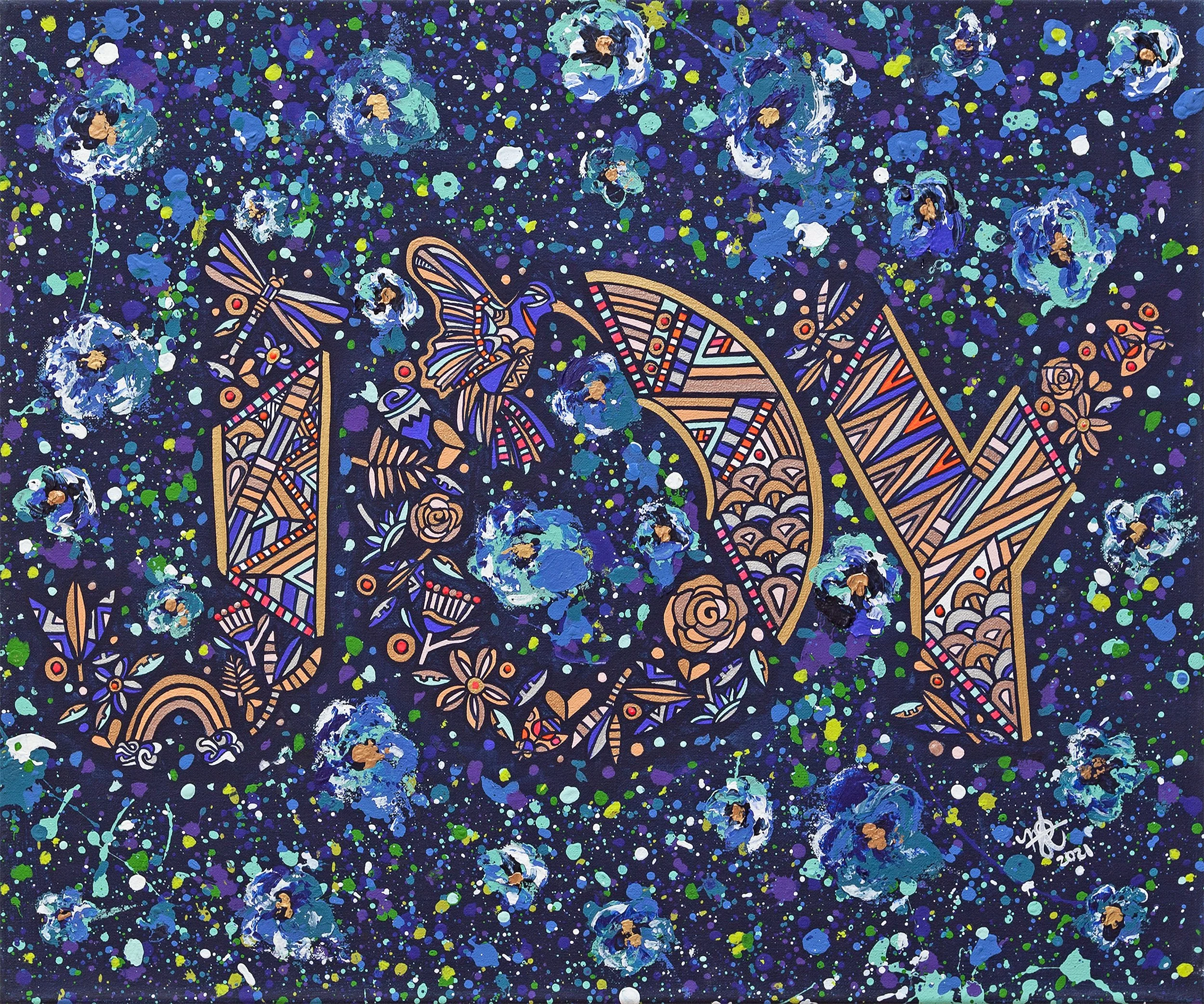 A colorful abstract painting featuring the word 'JOY' outlined with intricate patterns, surrounded by flowers, butterflies, and a starry background with splashes of various colors.
