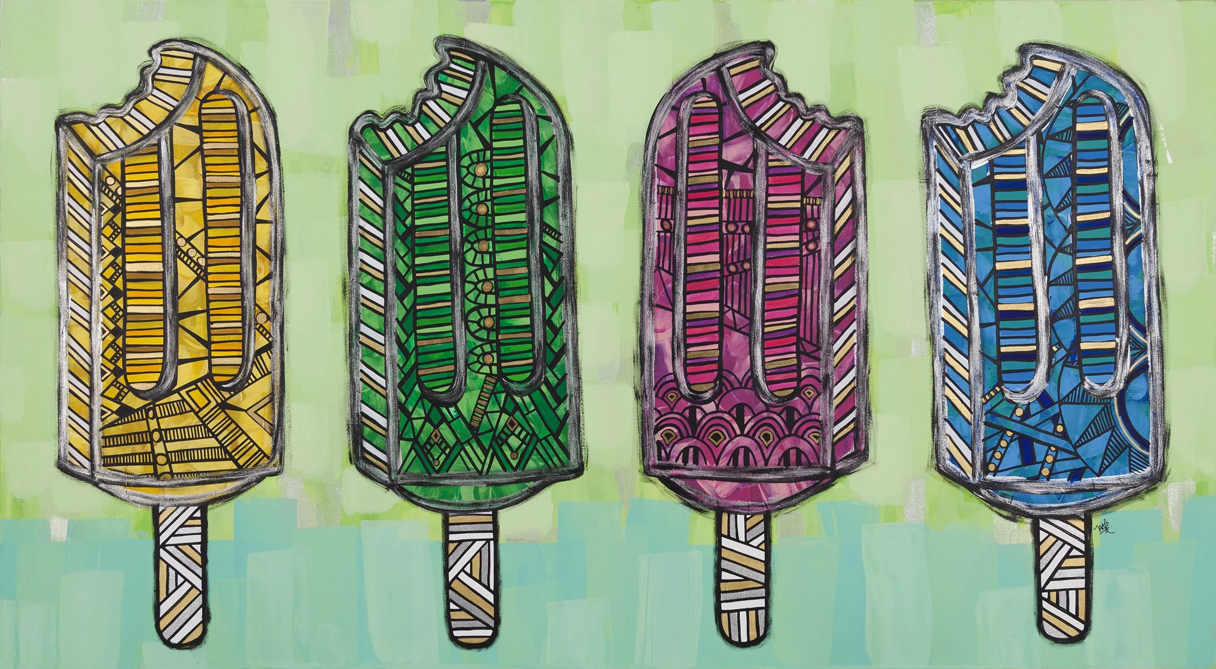 Four colorful popsicles with black outline and geometric patterns, set against a green background. The popsicles are yellow, green, pink, and blue from left to right.