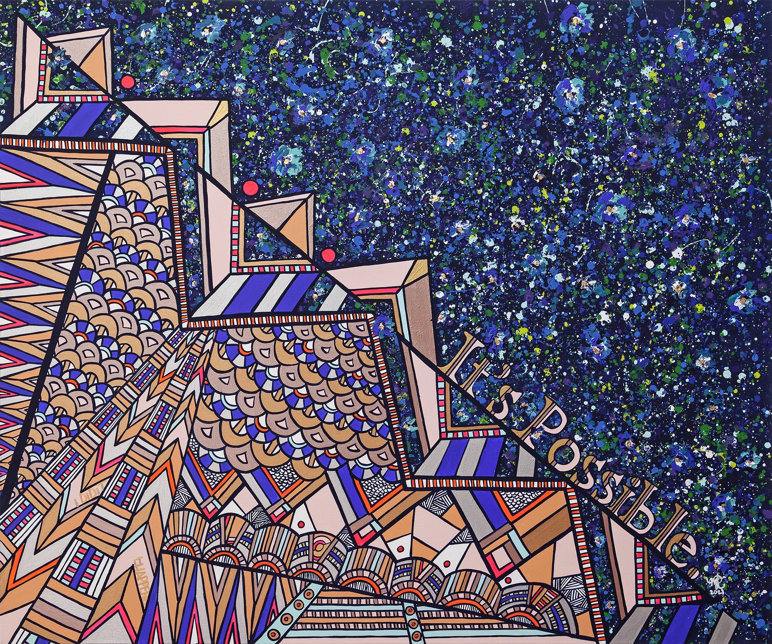 Close-up of a colorful, abstract painting of the Eiffel Tower against a starry night sky. The painting features geometric and intricate patterns in orange, pink, purple, and black. The words "Paris" and "Dublin" are visible on the tower, indicating a connection between the cities.