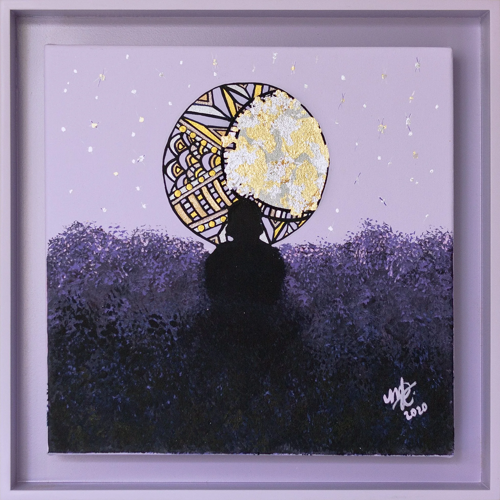 A painting of a person sitting in a field, looking at the moon and galactic scene in the sky, with a circular abstract moon and star patterns, signed by the artist with "2010".