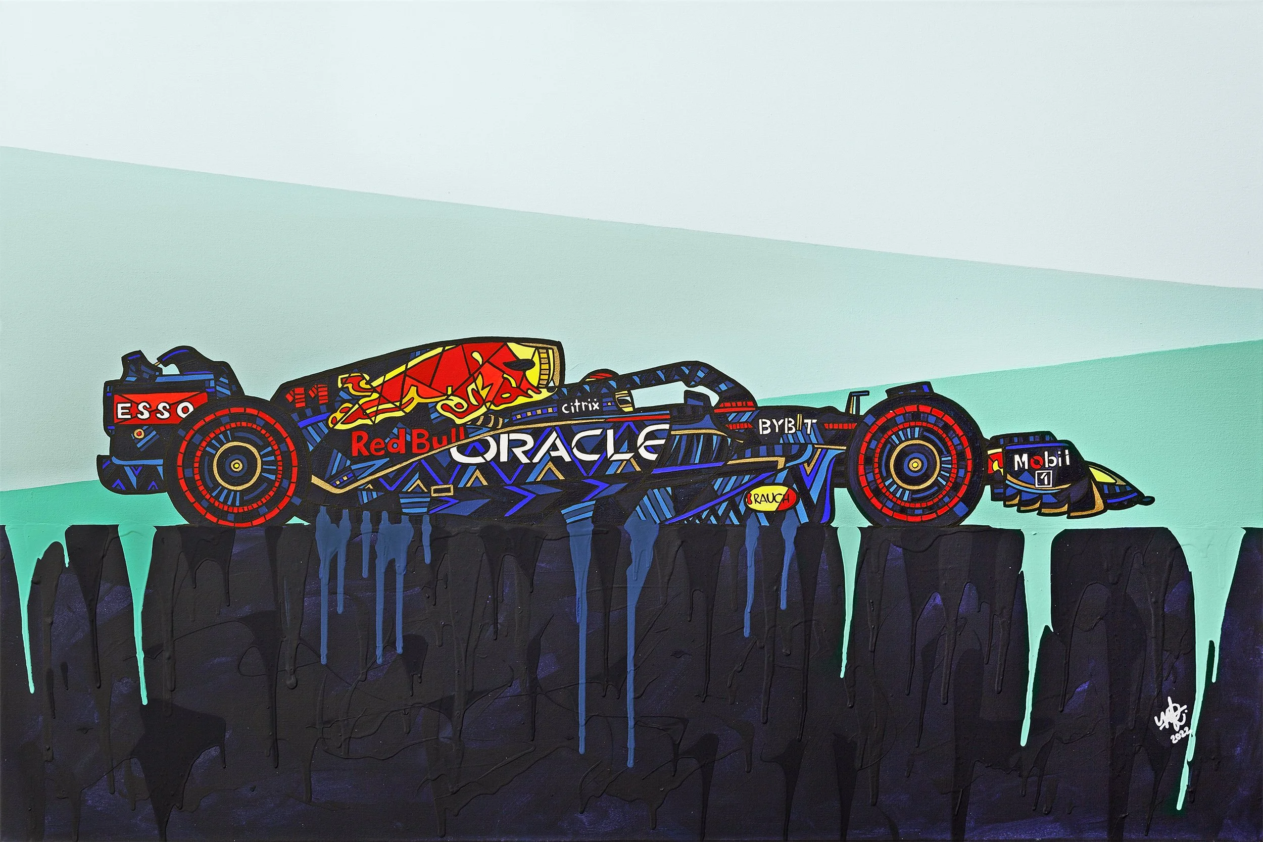 A colorful artwork of a Formula 1 race car with sponsor logos like Red Bull, Oracle, and Mobil, depicted on a dark, textured background with teal accents.