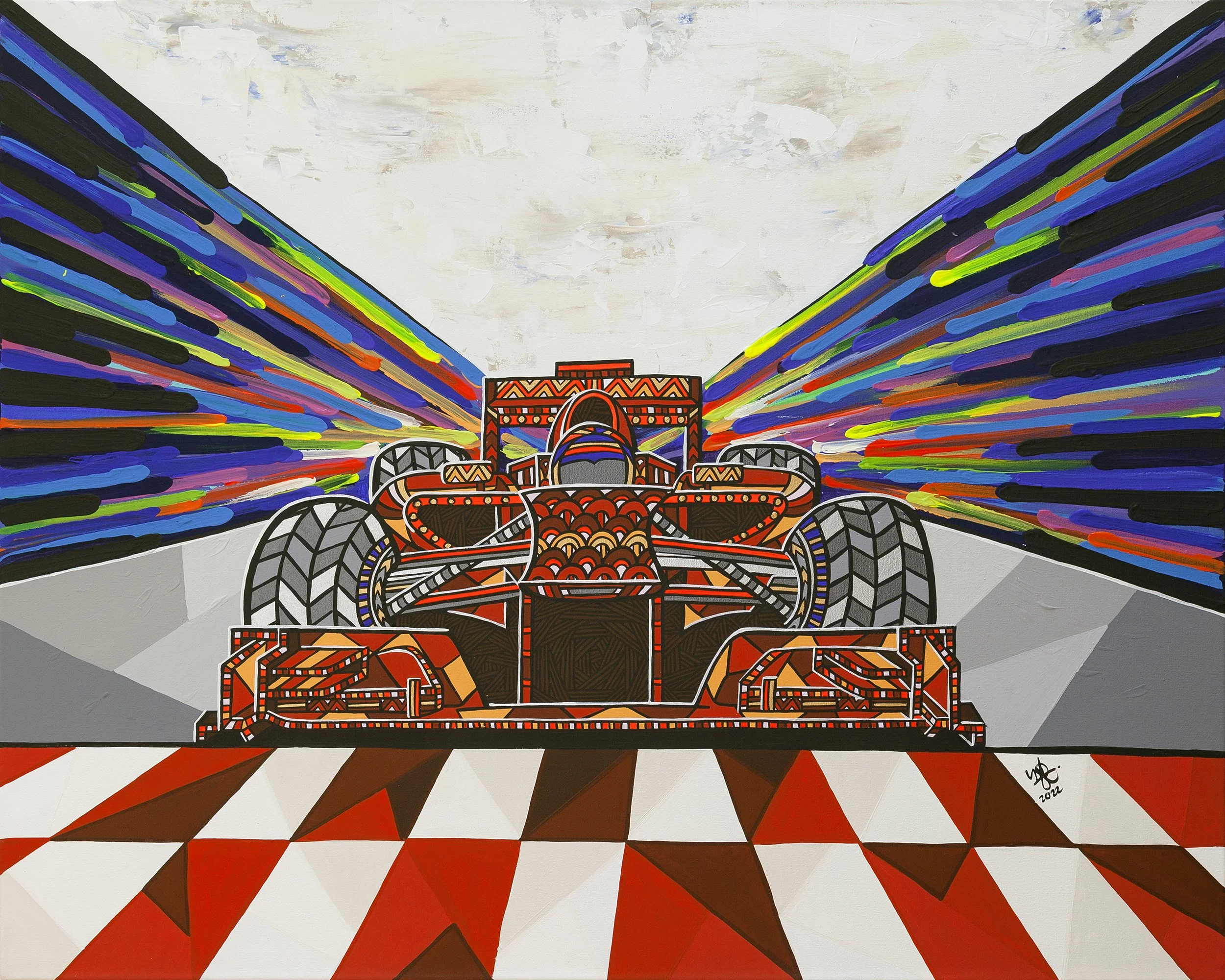 A colorful painting of a race car viewed from the front, with rainbow-like streaks of color extending from the sides, set against a geometric patterned floor and a light, textured background.