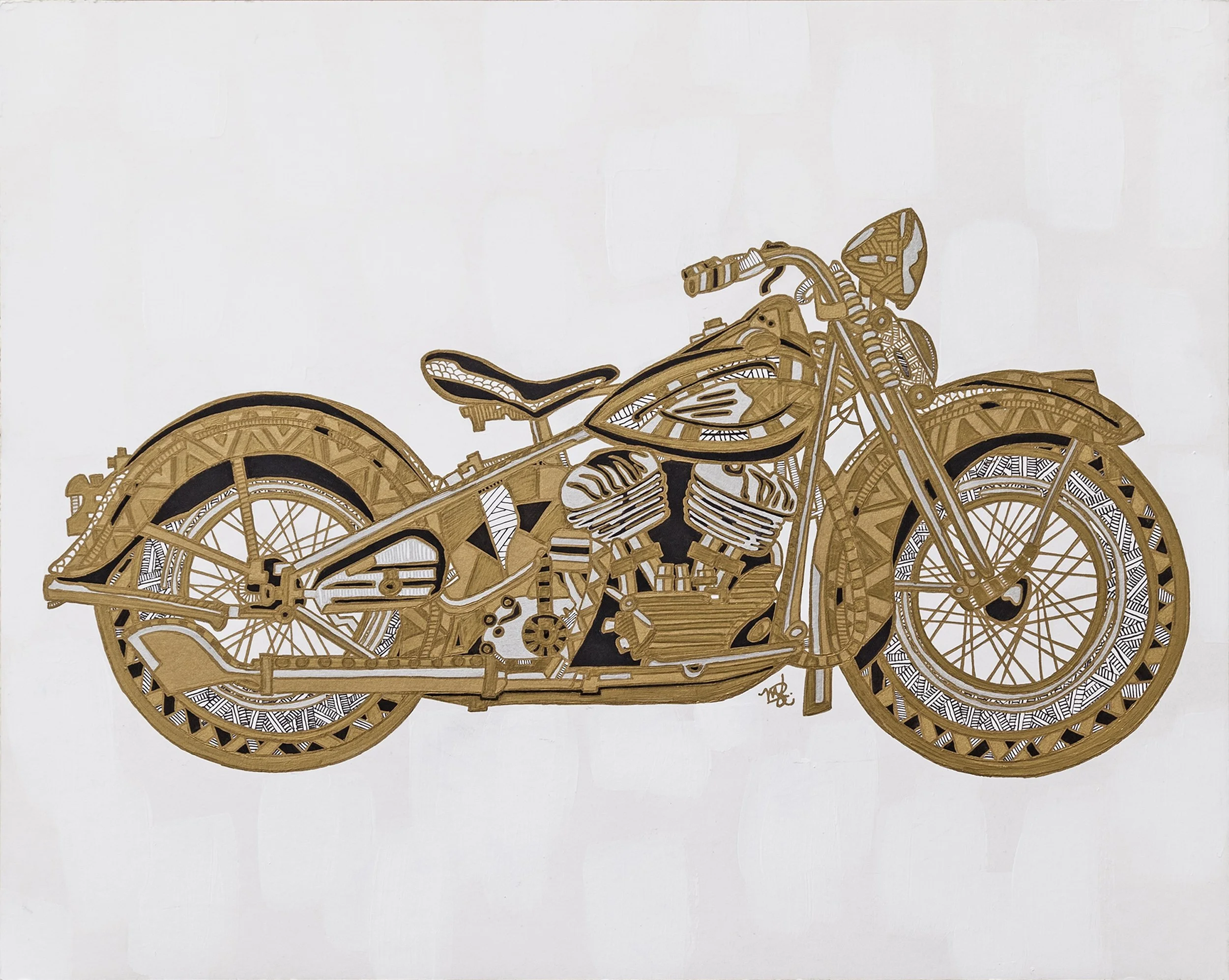 A detailed illustration of a vintage motorcycle made from intricate cutout patterns on a white background.
