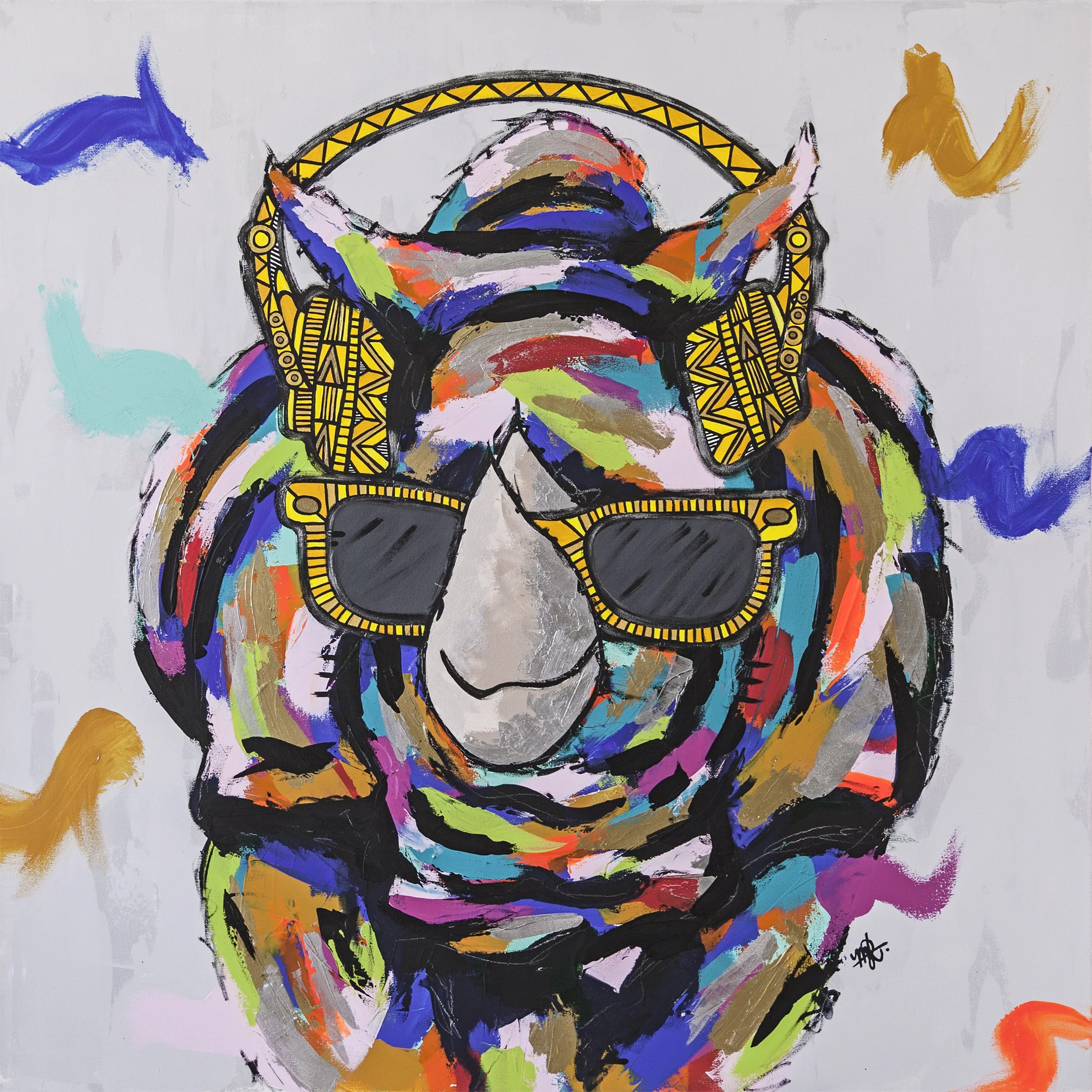 Colorful abstract painting of a lion wearing sunglasses and headphones.