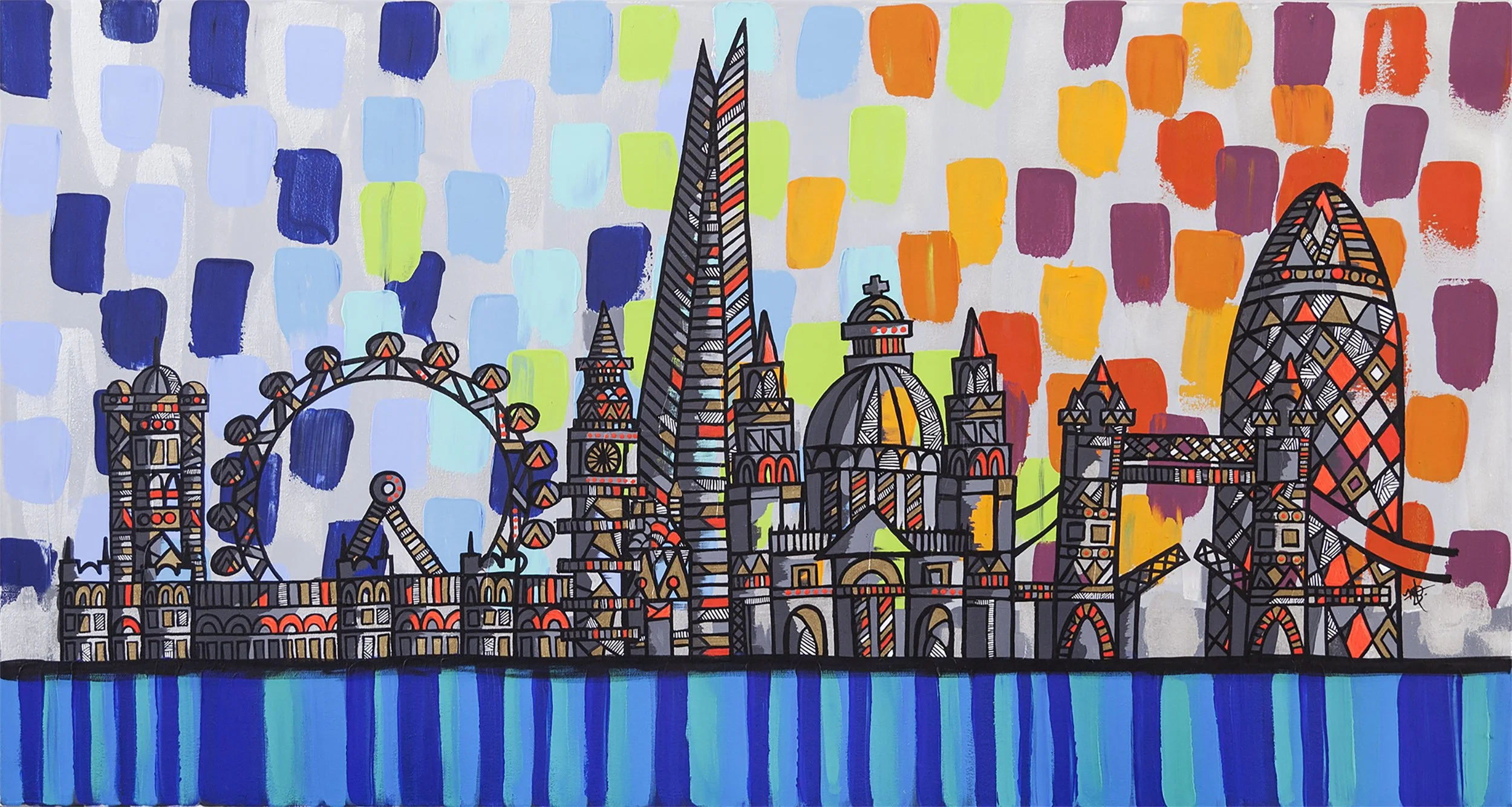 Colorful abstract painting of the London skyline featuring iconic landmarks like the London Eye, The Shard, and The Gherkin, with a vibrant rainbow background and water reflection at the bottom.
