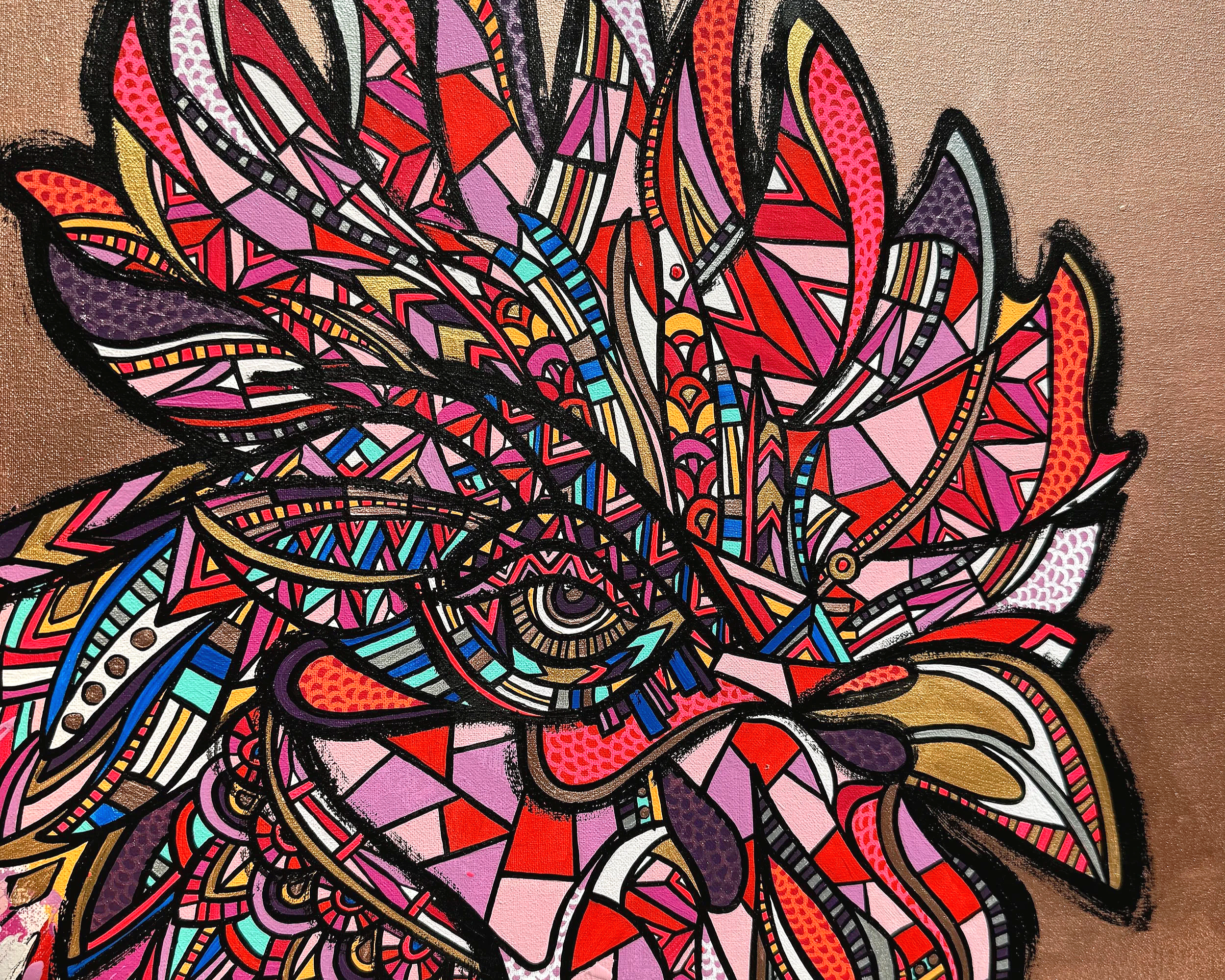 Colorful, abstract geometric artwork featuring a blend of sharp-edged shapes, patterns, and lines in red, pink, purple, blue, black, and gold. The design is intricate and resembles a stylized face or mask with multiple layers and textures.