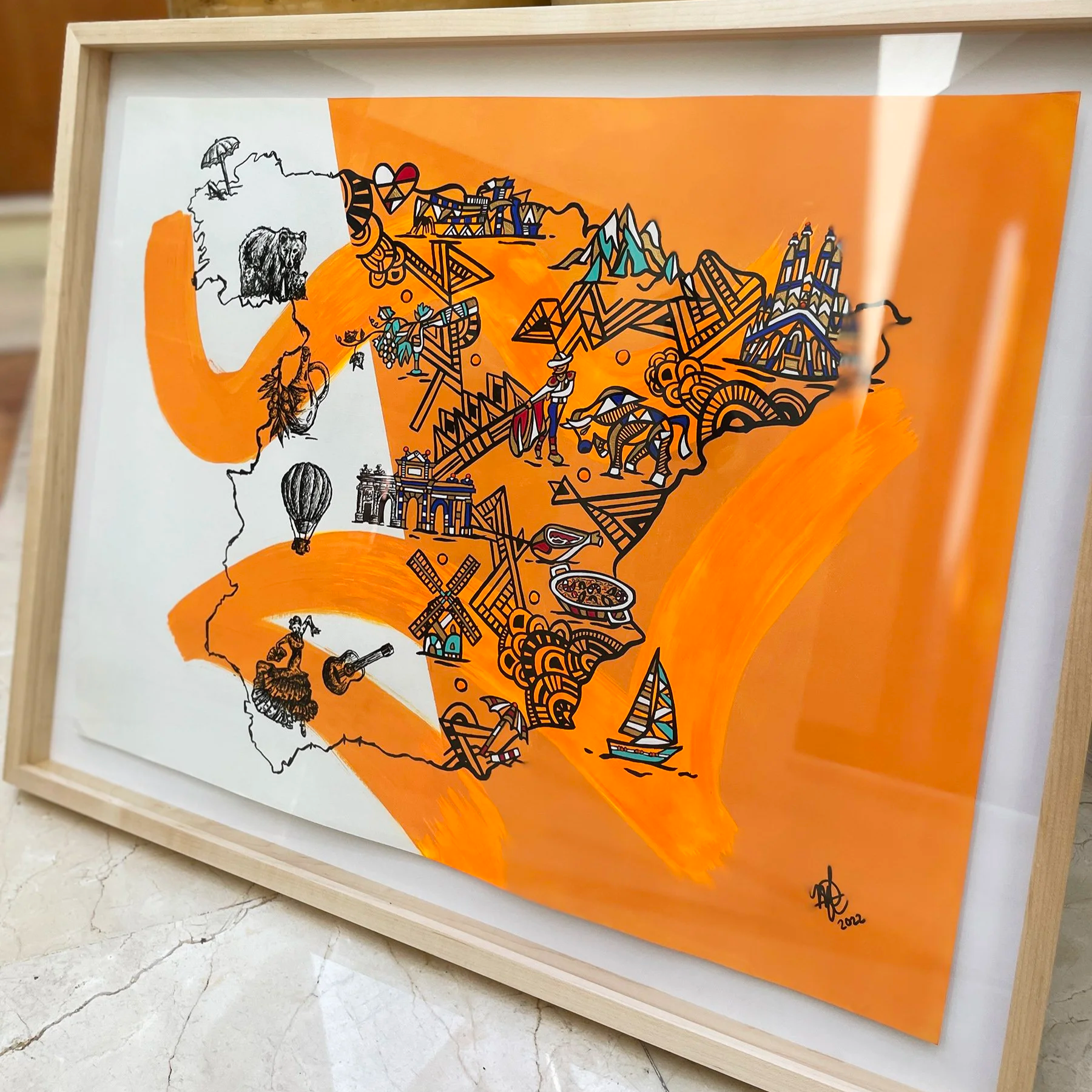 Stylized map of Mexico with illustrations of cultural icons, landmarks, traditional foods, and activities, mainly in black and orange colors.