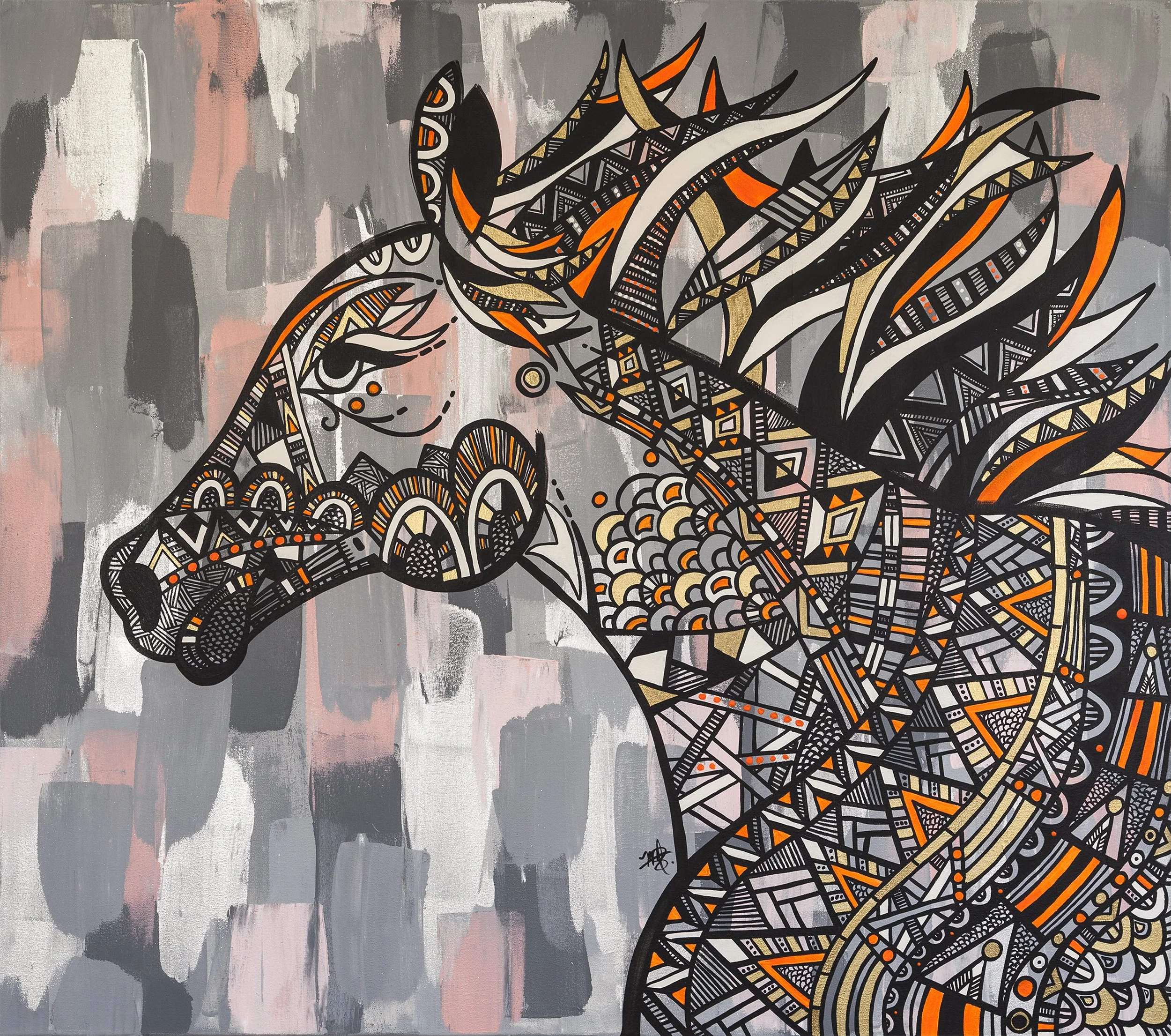 A stylized, abstract painting of a horse's head with intricate geometric patterns, bold lines, and a color scheme of black, white, orange, gold, and gray. The background features a textured, painterly pattern of pink, gray, and white brushstrokes.