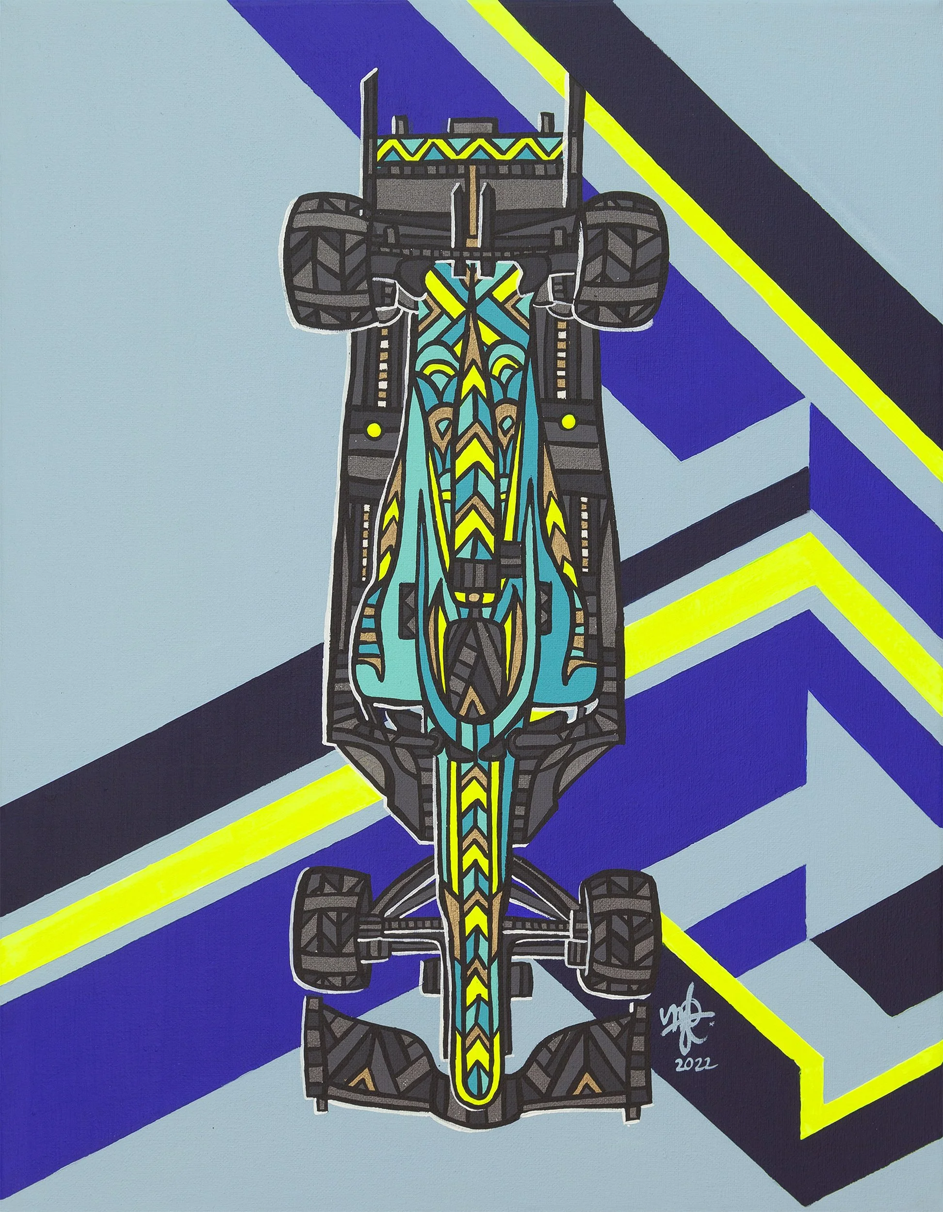 Colorful illustration of a spaceship in a top-down view, with vibrant geometric patterns and background lines.