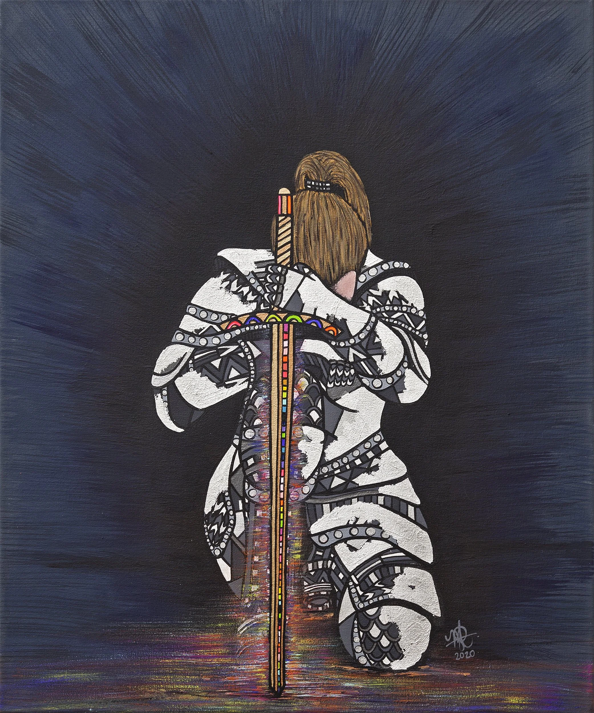 Painting of a woman in armor holding a sword with a rainbow-colored blade, kneeling with their back facing forward against a dark background.